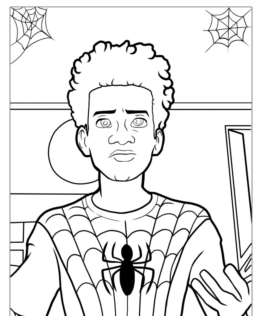 Uma pessoa vestindo uma fantasia de aranha com teias nos cantos, olhando para frente com uma expressão séria – inspiração perfeita para quem ama colorir super-heróis.