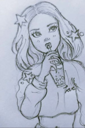 Esboço de uma mulher com estrelas no cabelo, tomando chá de bolhas, vestindo um moletom com "amor" escrito no peito. Este desenho fácil e bonito captura um momento encantador da vida cotidiana.