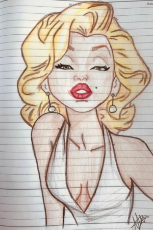 Uma ilustração desenhada à mão de uma mulher glamourosa com cabelos loiros, lábios vermelhos e usando um vestido branco, que se enquadra perfeitamente na categoria de Desenhos para Desenhar.