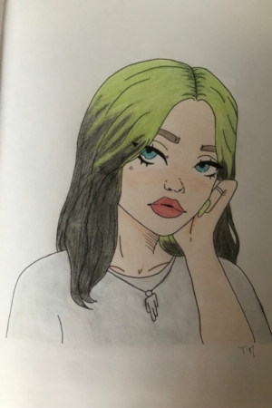 Um lindo desenho de uma mulher com cabelos verdes e pretos, olhos azuis e uma blusa cinza, apoiando o rosto na mão. Perfeito para quem procura desenho para desenho de pessoas.