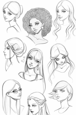 Uma coleção de nove esboços a lápis de diversos rostos femininos com vários penteados e acessórios, perfeitos para quem busca desenhos para desenhar. Cada esboço captura pessoas de uma forma que é fácil e bonita.