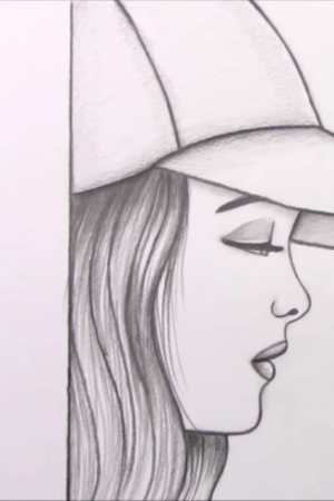 Perfil lateral de uma mulher de boné, desenhado a lápis com sombreamento suave—um exemplo fácil e bonito de Desenhos para Desenhar.