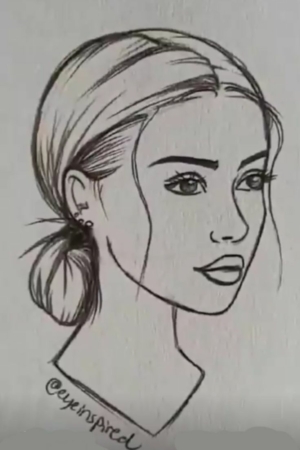 Desenho de uma mulher com o cabelo preso em um coque baixo, mechas laterais soltas e expressão calma. Assinado "@eyeinspired". O artista é conhecido por desenhar pessoas com muita habilidade e sensibilidade.