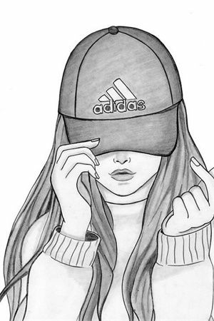 Um desenho fácil em preto e branco de uma pessoa com cabelos longos usando um boné Adidas, cobrindo os olhos e fazendo um gesto de coração com o dedo. Perfeito para quem gosta de desenho simples, mas expressivo.