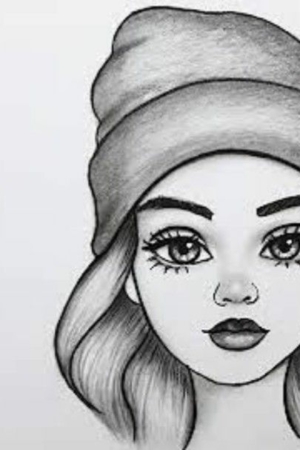 Um esboço a lápis de uma mulher usando um gorro, com cabelos longos e olhos grandes e detalhados — um daqueles Desenhos para Desenhar cativantes que mostram a habilidade do artista em representar pessoas expressivas.