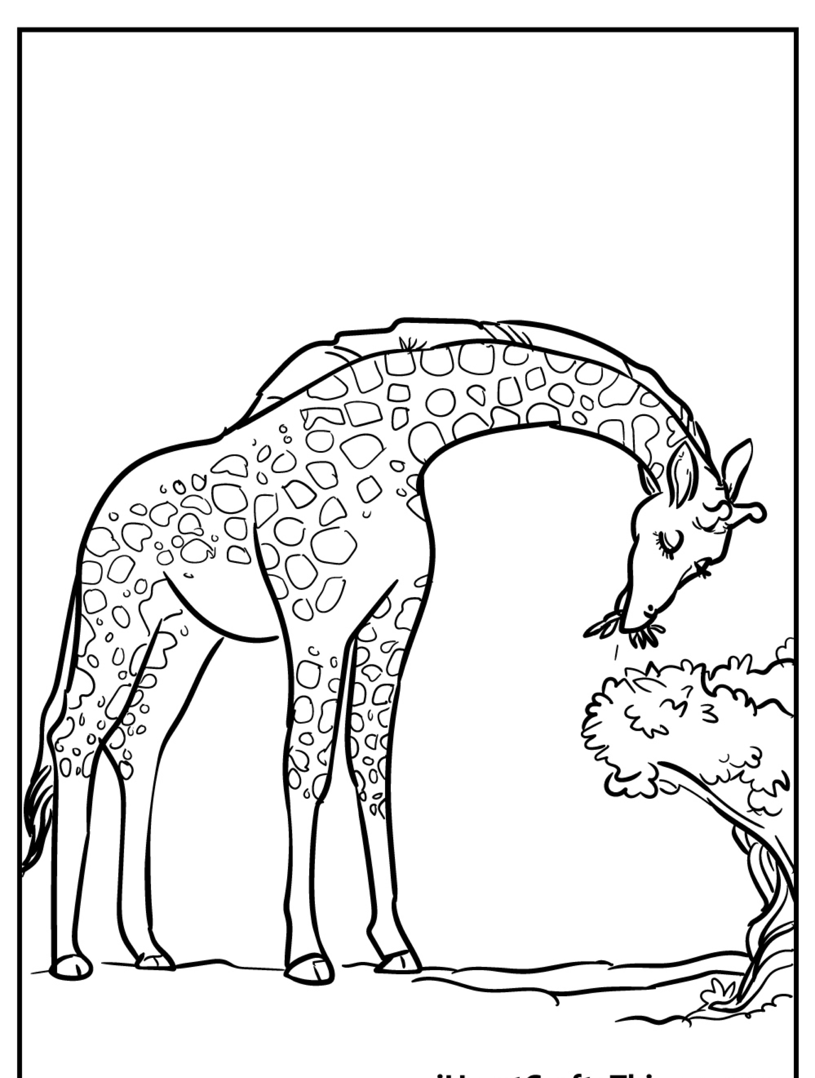 Um Desenho de Girafa com pescoço longo se abaixa para comer folhas de um arbusto em uma imagem de livro de colorir.