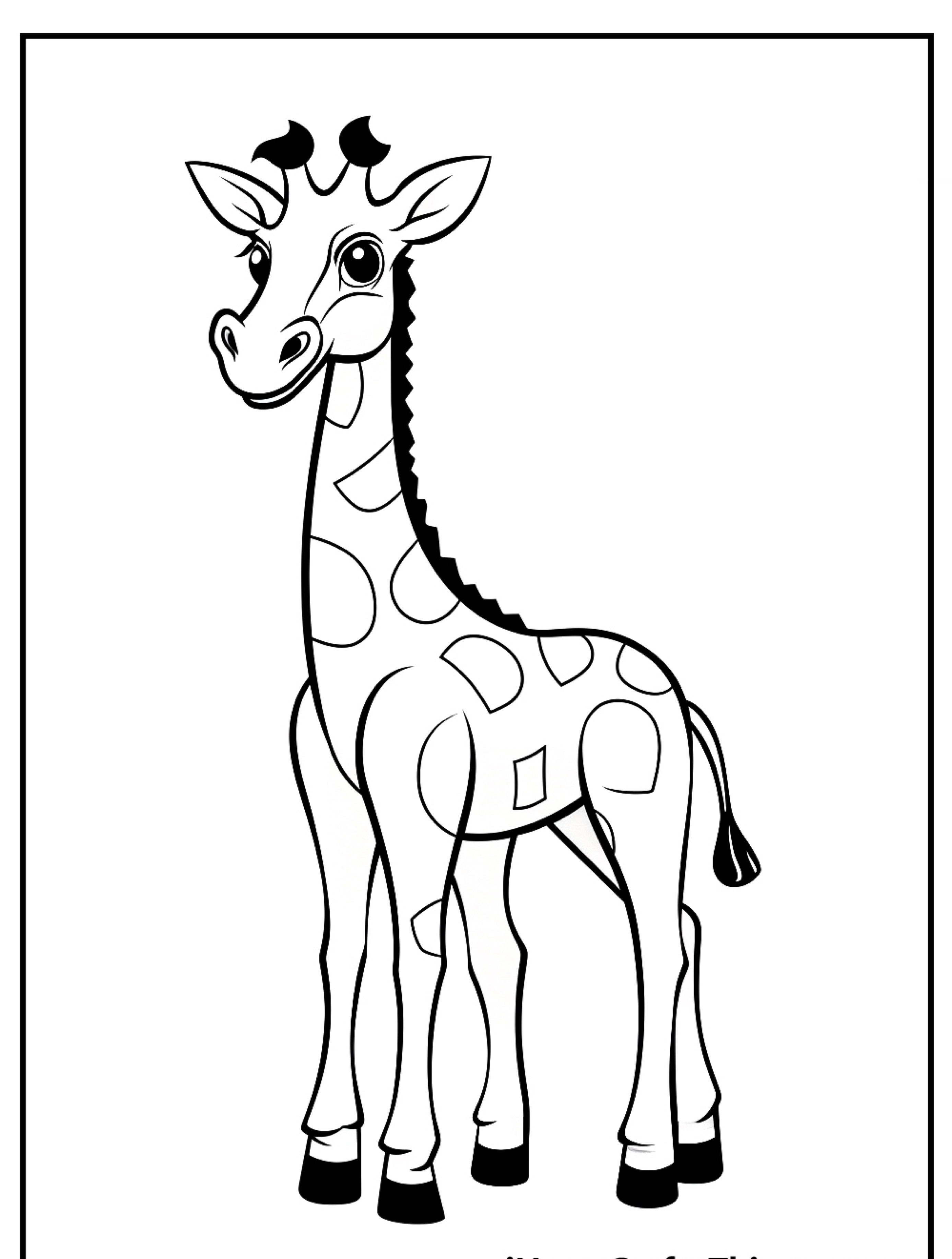 Desenho em preto e branco de uma girafa com uma expressão fofa, de pé sobre um fundo branco, perfeito para colorir.