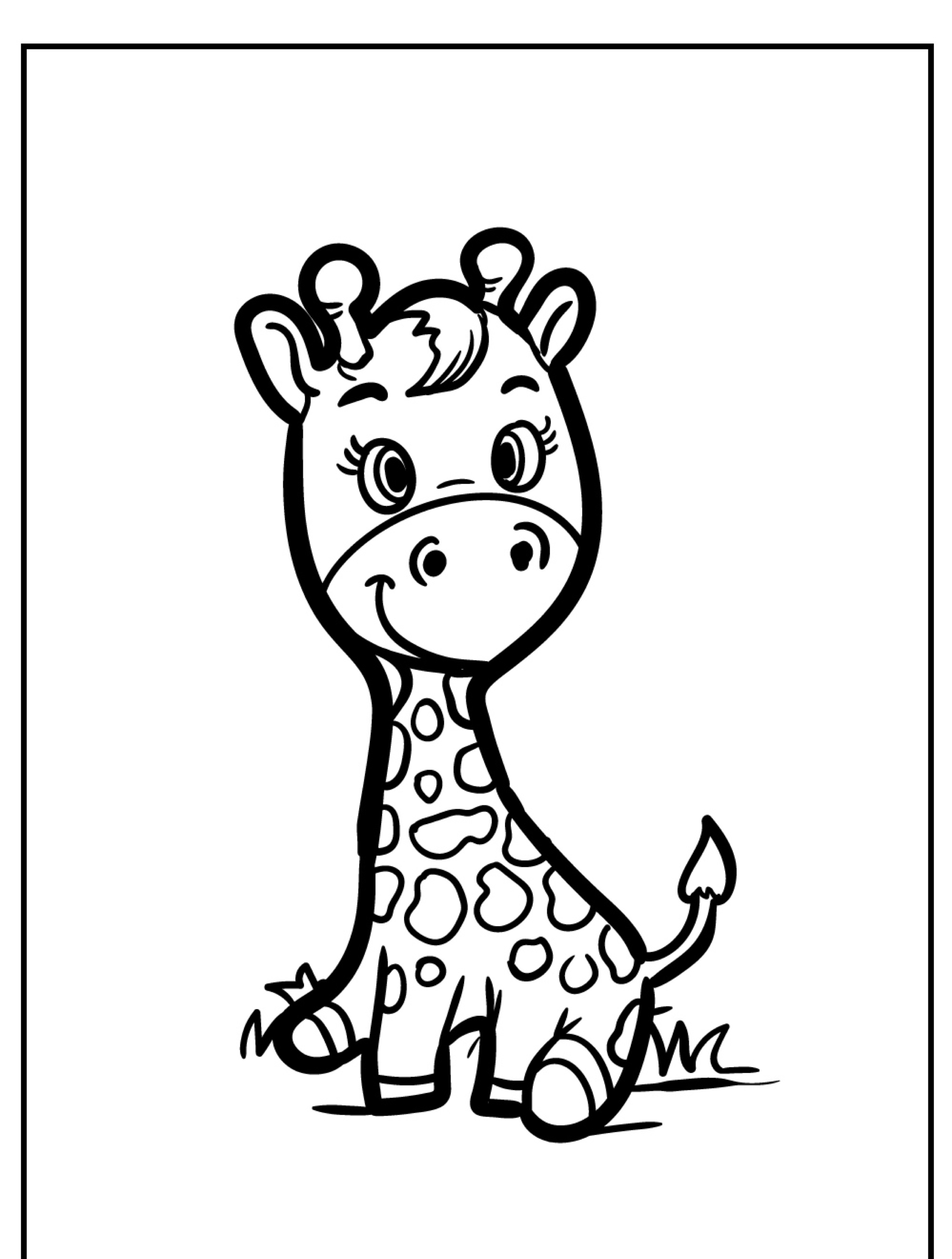 Um desenho animado fofo de uma girafa sentada, sorrindo, com um fundo e uma borda simples, perfeitos para colorir.