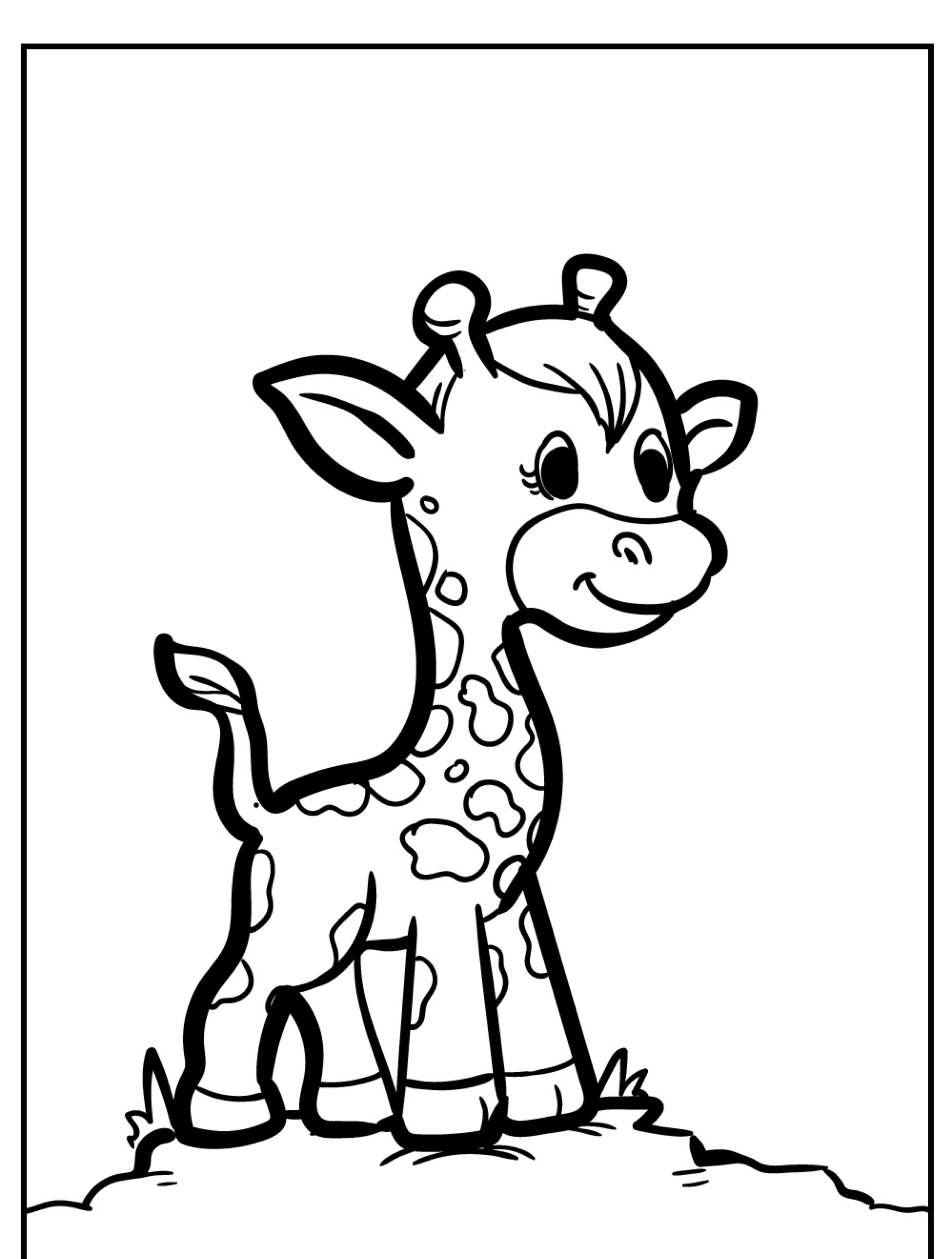 Desenho de girafa em preto e branco, sorrindo enquanto está de pé na grama, perfeito para colorir.