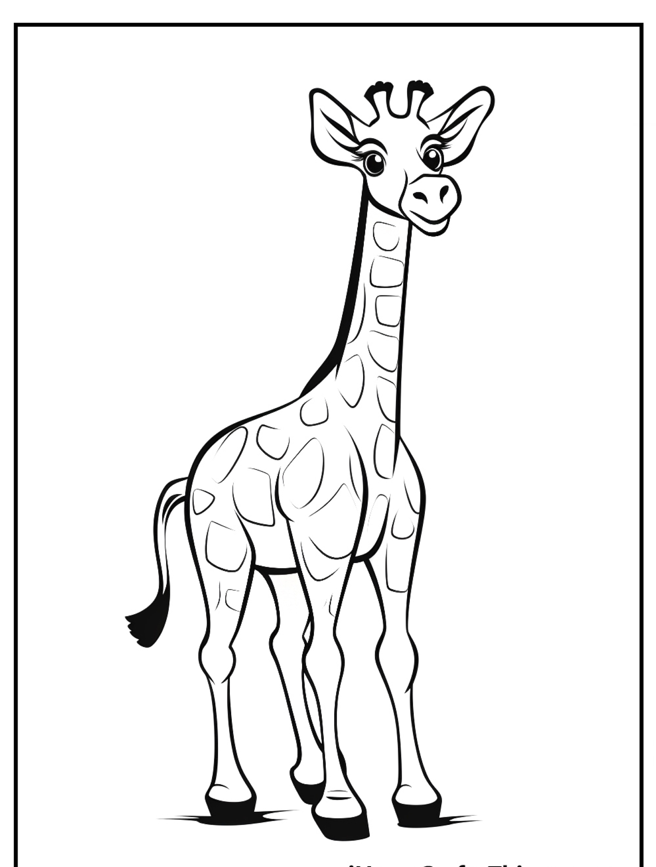 Desenho em preto e branco de uma girafa sorridente com corpo estampado, em pé sobre um fundo branco, perfeito para colorir.