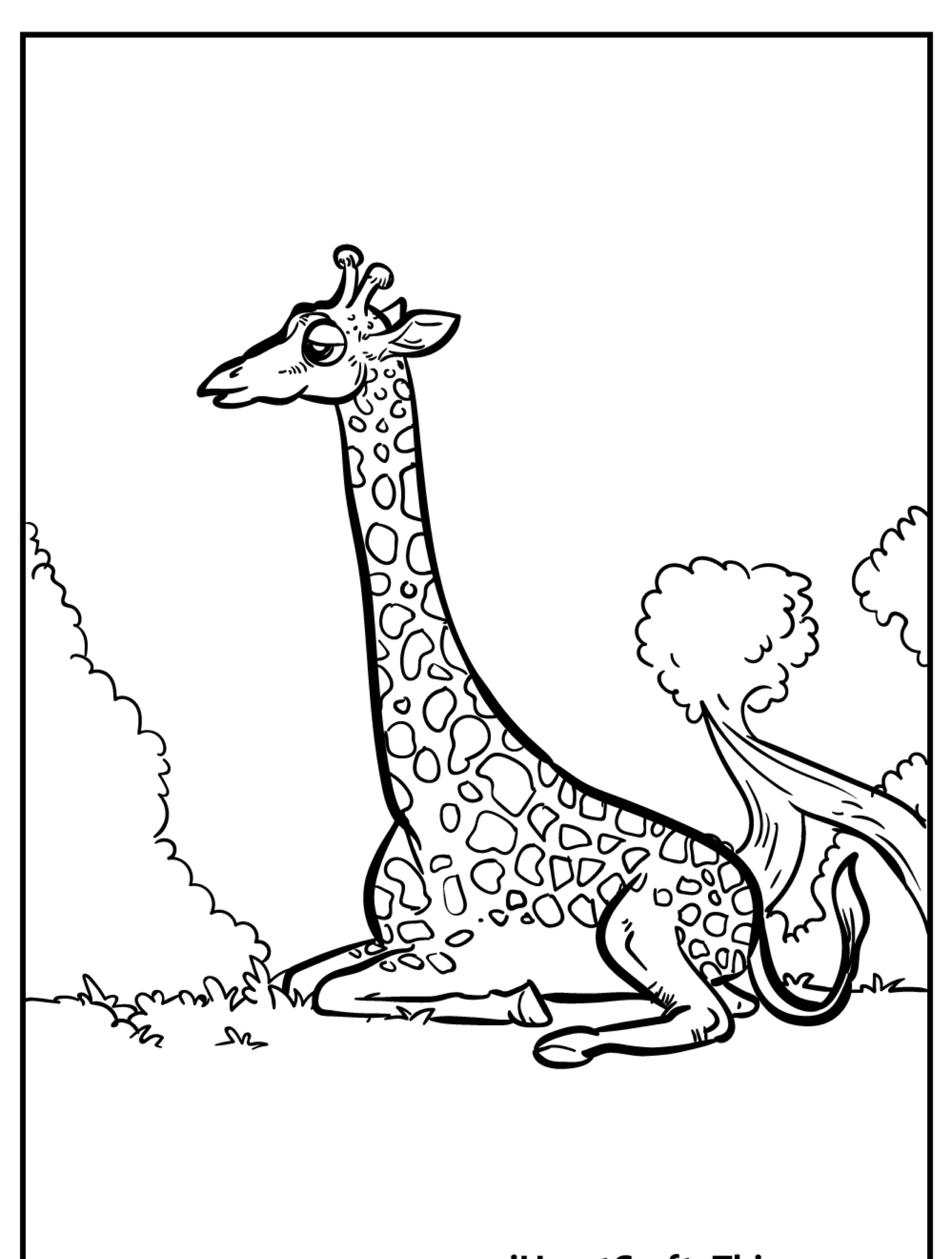 Um desenho encantador de uma girafa sentada no chão em uma área gramada com árvores ao fundo, perfeita para colorir.