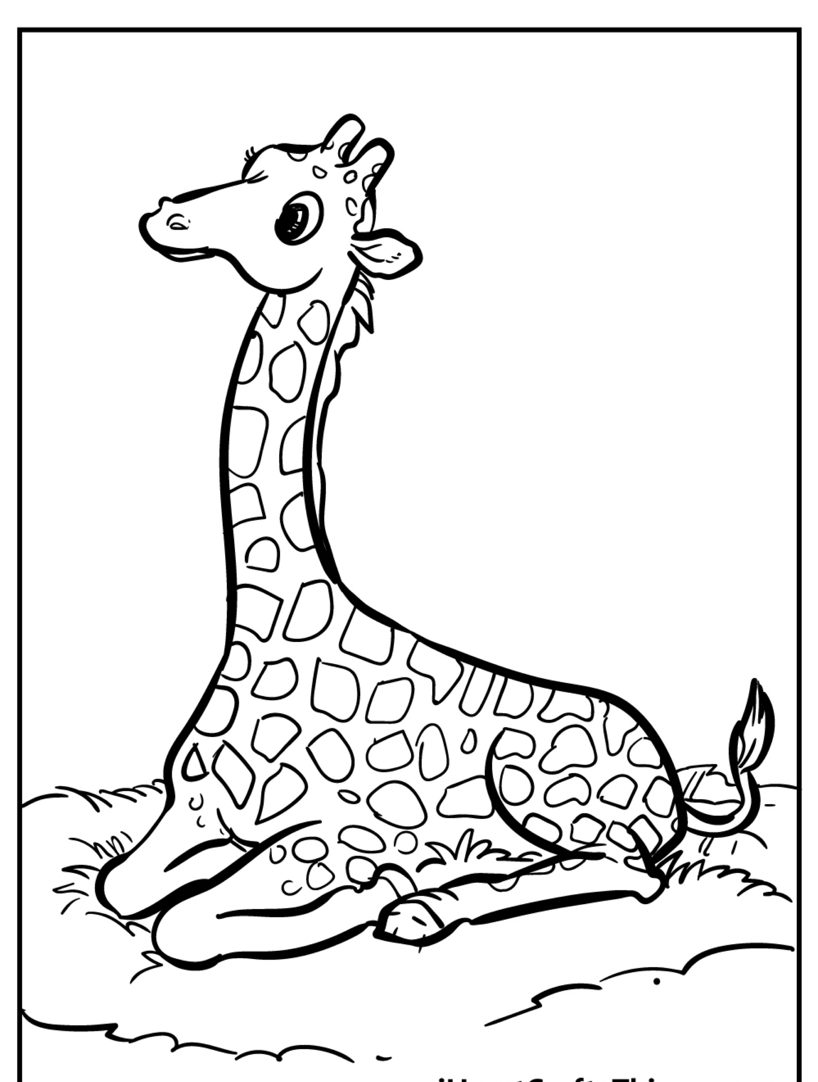 Uma girafa de desenho animado sentada no chão com uma expressão calma, contornada em preto e branco para colorir Desenho.