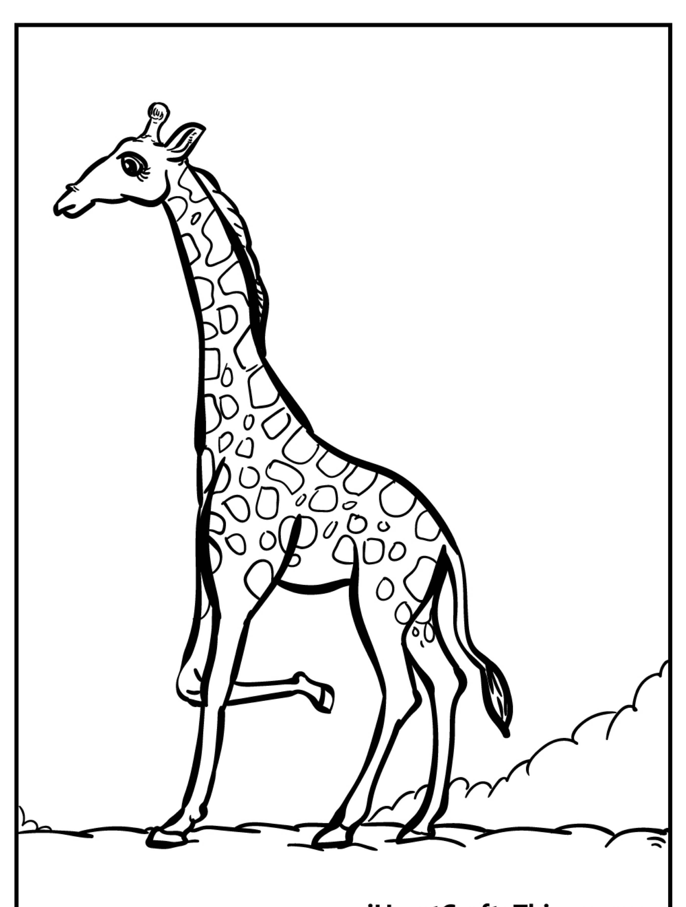 Desenho em preto e branco de uma girafa andando com nuvens ao fundo, perfeito como uma girafa para colorir.