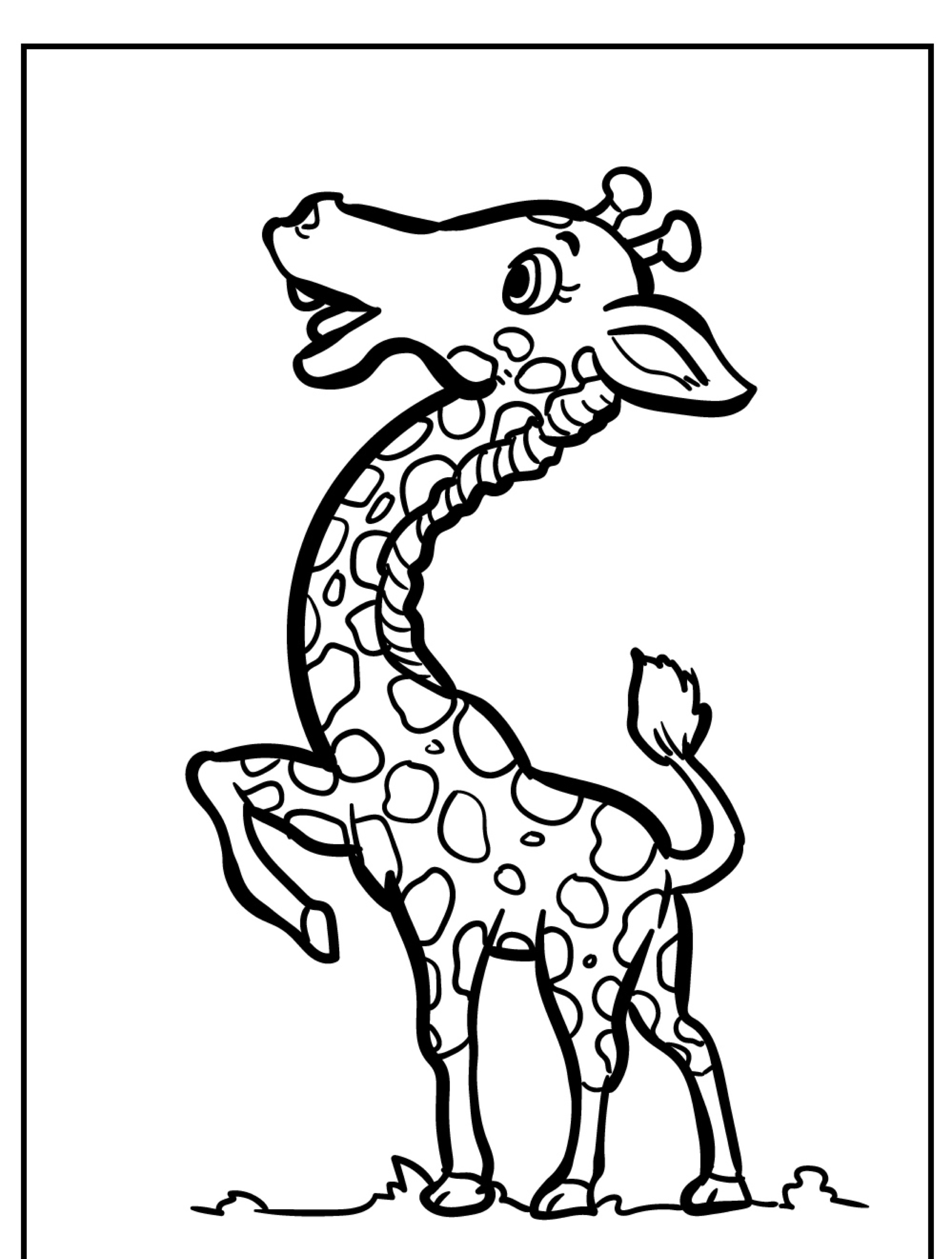 Desenho em preto e branco de uma girafa fofa e sorridente em pé na grama e olhando para cima, perfeito para crianças colorirem.