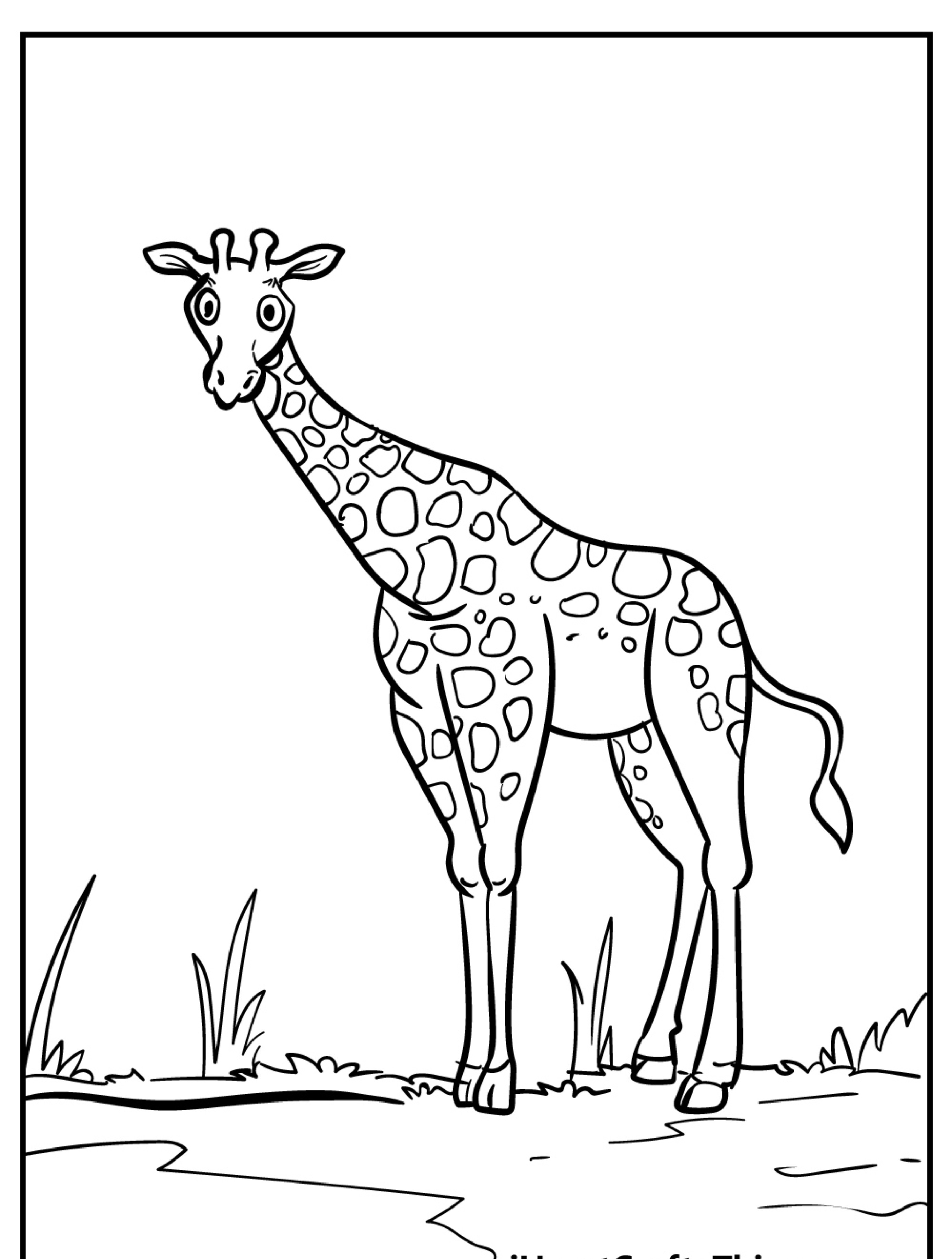 Uma girafa fofa de desenho animado parada em uma área gramada, olhando diretamente para a frente, com um fundo simples, perfeita como um desenho de girafa ou girafa para colorir.