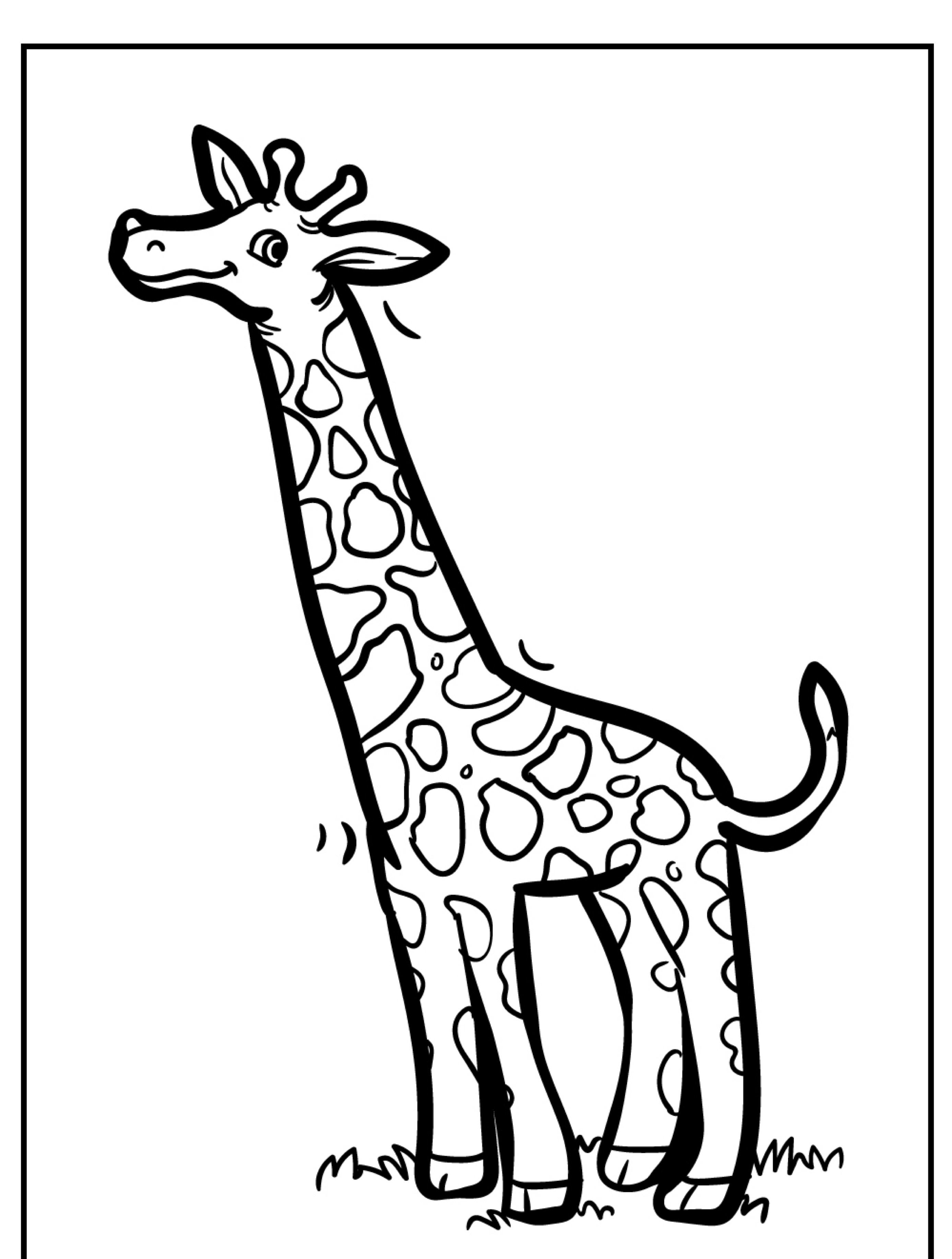 Um Desenho de Girafa preto e branco com um pescoço longo, manchas e uma expressão amigável, em pé na grama. Perfeito para colorir!