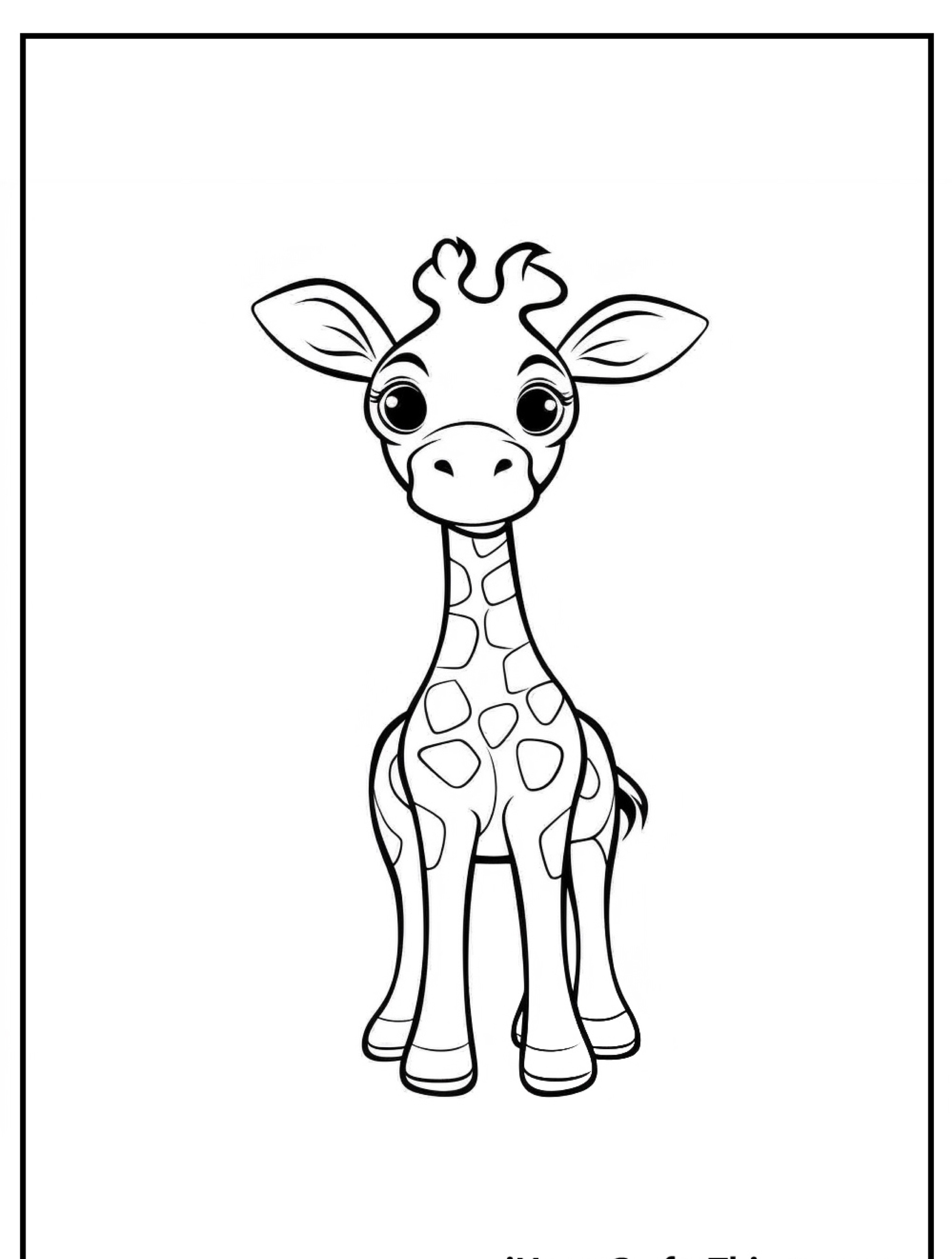 Um desenho fofo, estilo desenho animado, de uma girafa bebê em pé e sorrindo, contornado em preto e branco para colorir.