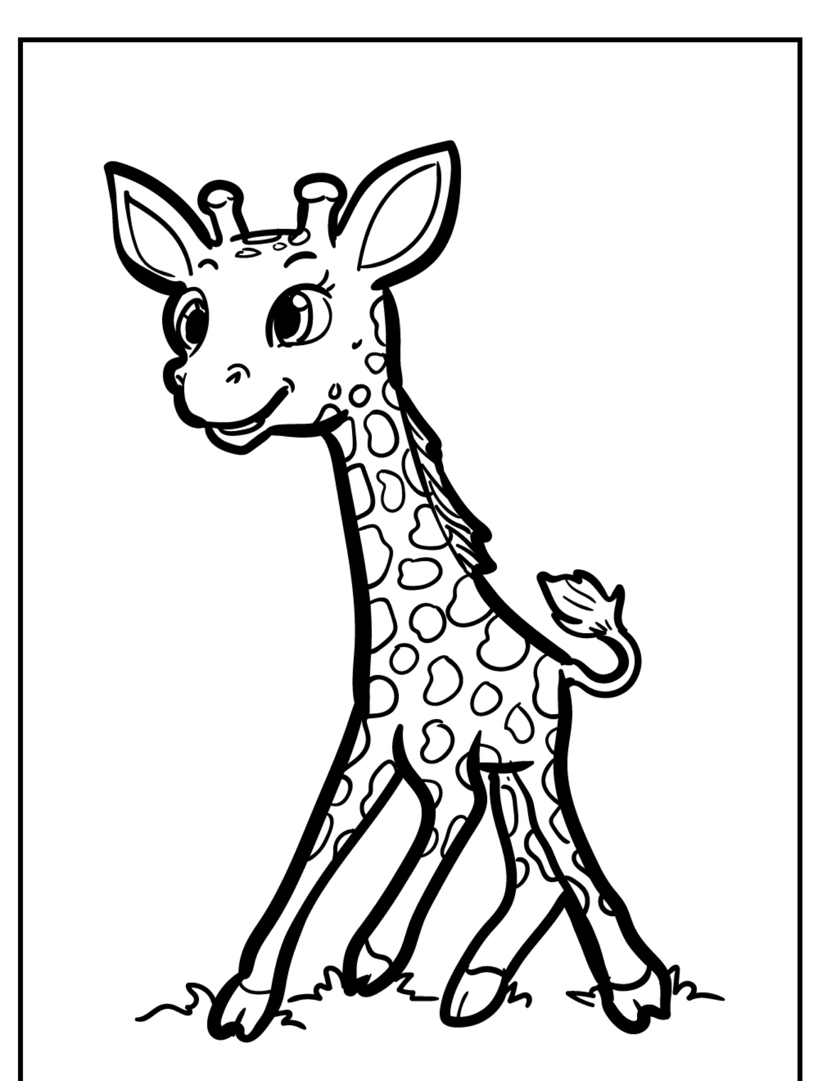 Um lindo desenho de girafa em pé na grama, sorrindo e andando com uma pata dianteira ligeiramente levantada, pronta para colorir.