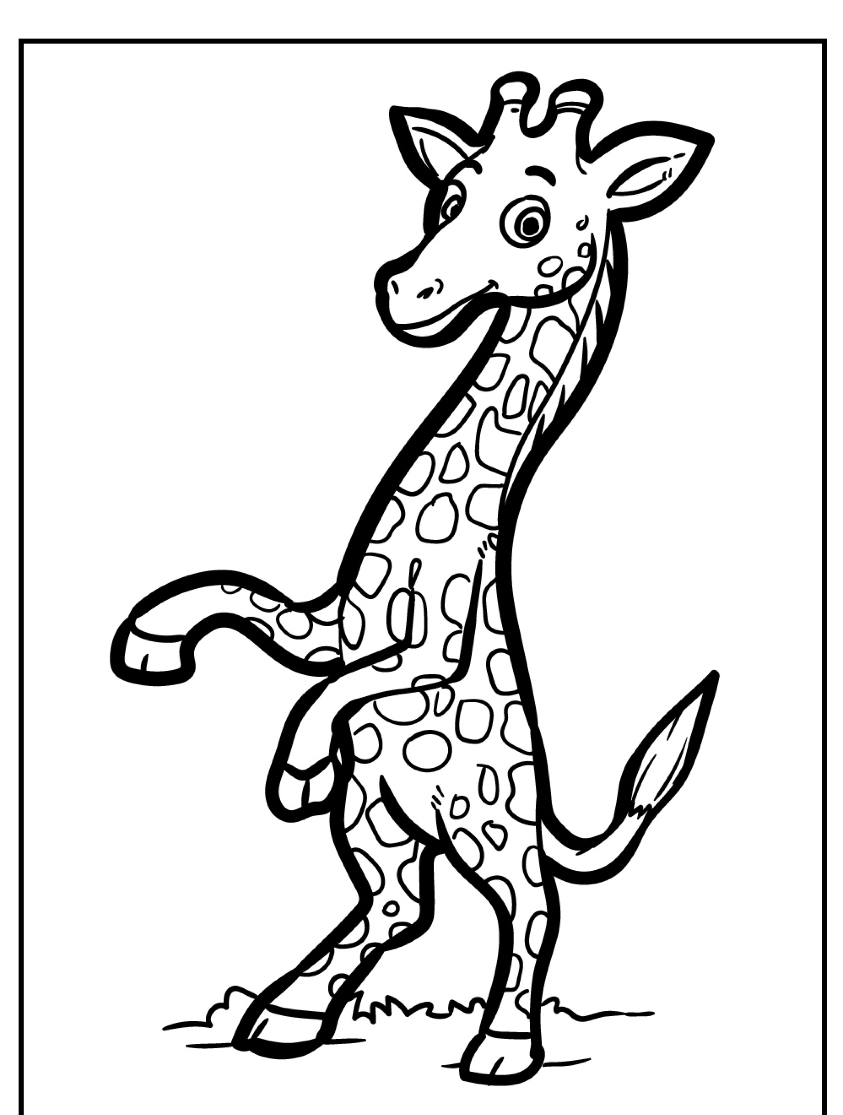 Girafa de desenho animado em pé sobre duas pernas e sorrindo, cercada por uma moldura simples, perfeita para colorir (Colorir) e desenhar (Desenho).