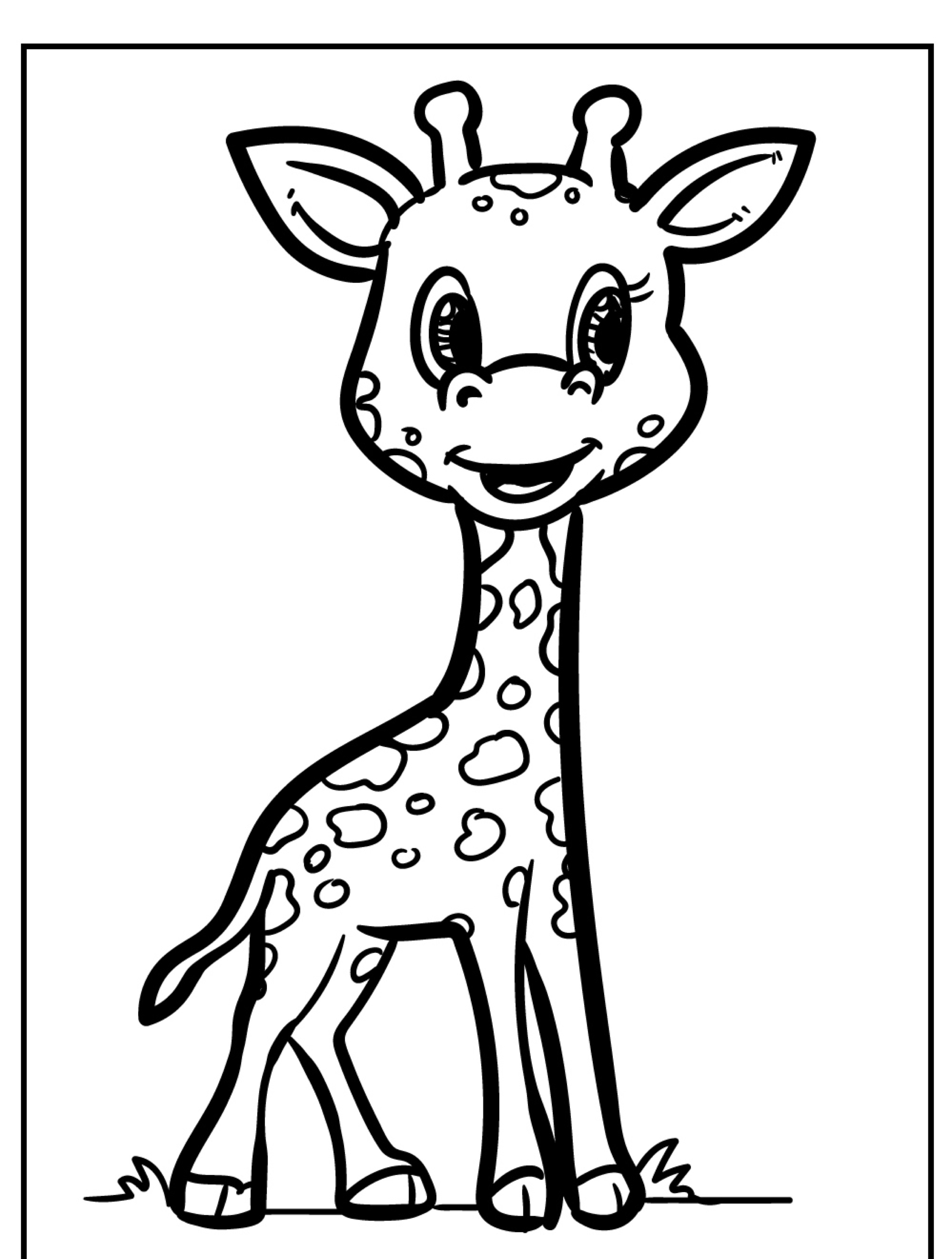 Desenho em preto e branco de uma girafa sorridente em pé na grama, com manchas e olhos grandes, perfeita para colorir.