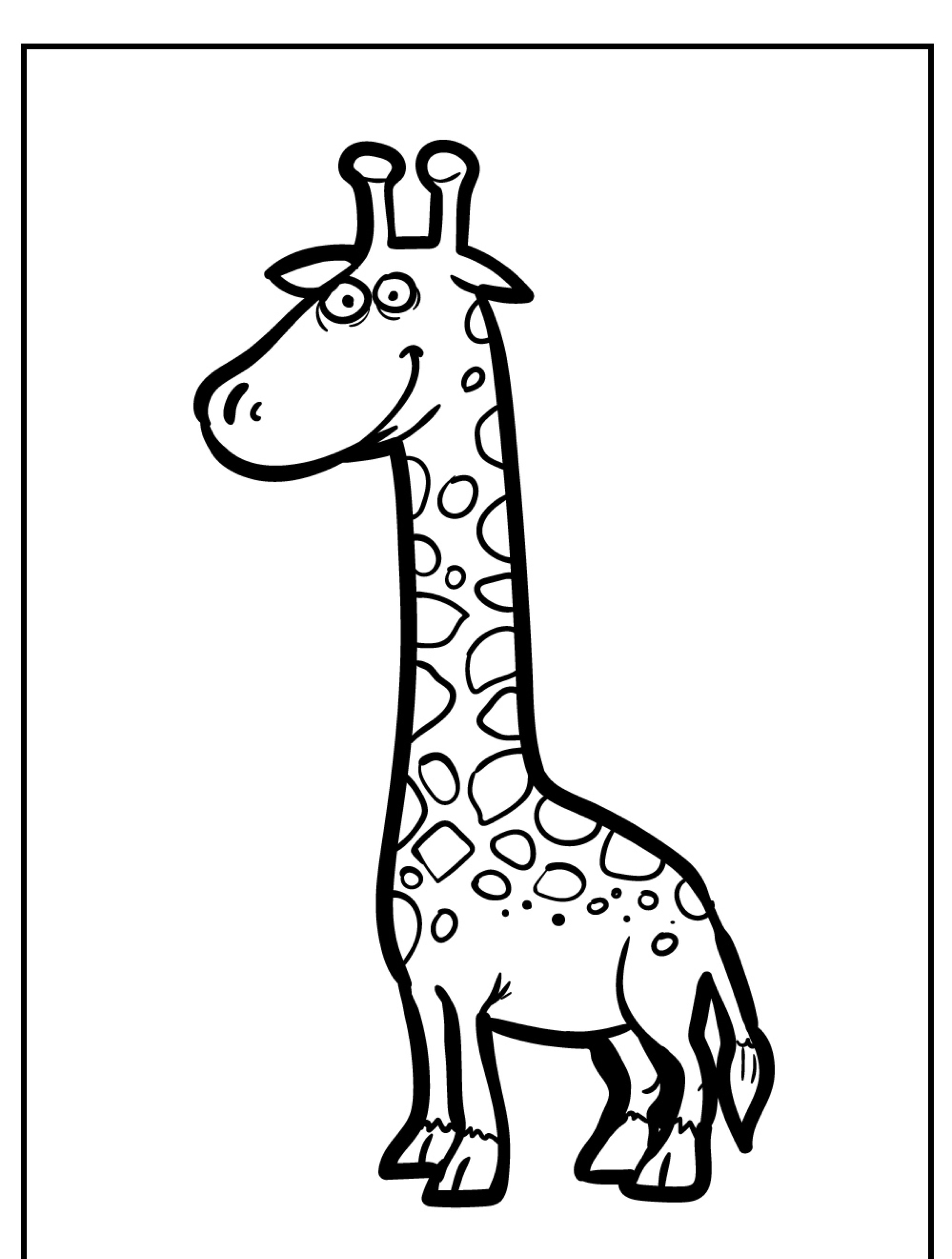 Desenho simples de uma girafa com pescoço longo, manchas e uma expressão feliz. Ideal como um desenho de girafa para colorir.