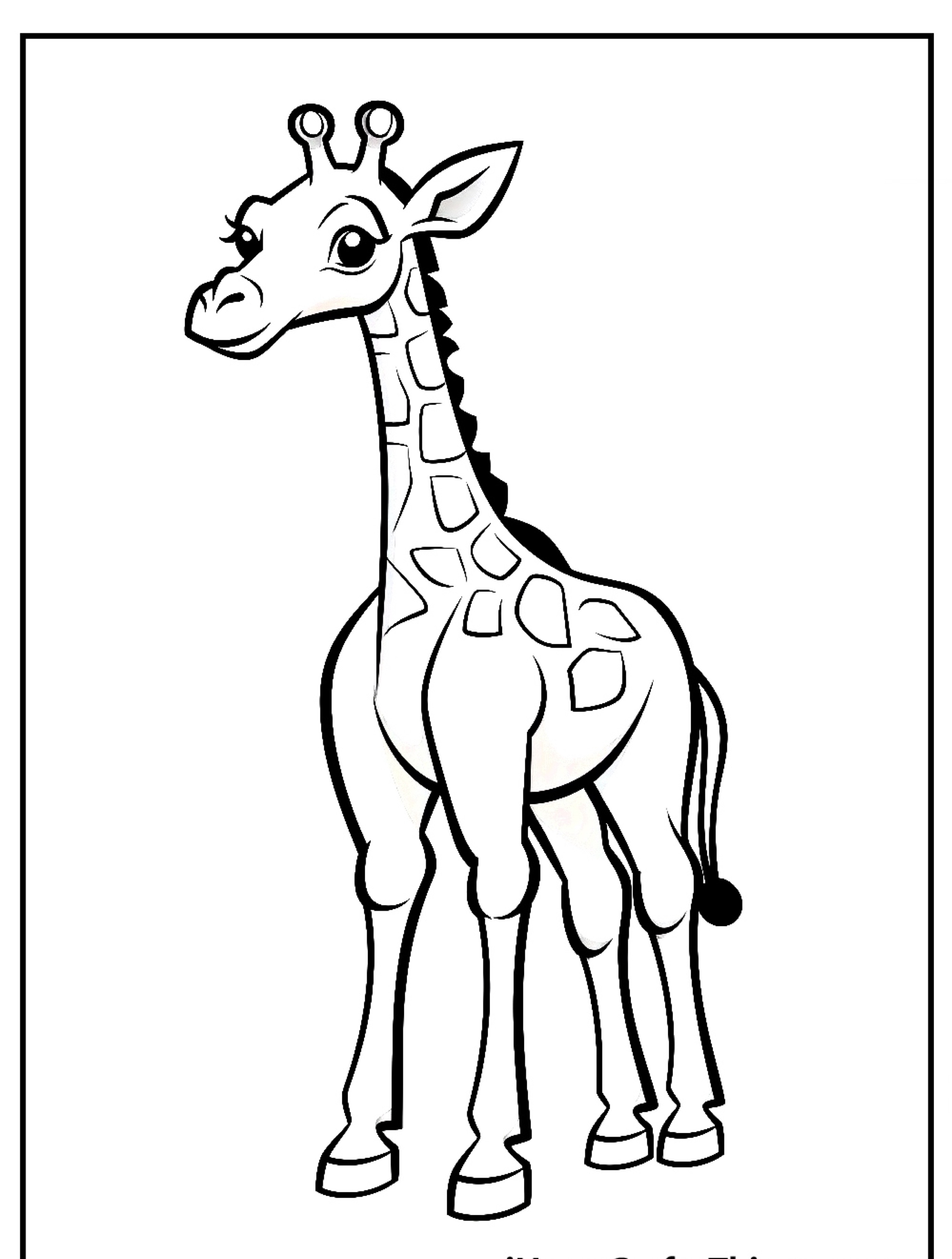 Desenho em preto e branco de uma girafa de desenho animado com olhos grandes, em pé e sorrindo, perfeito para crianças colorirem.