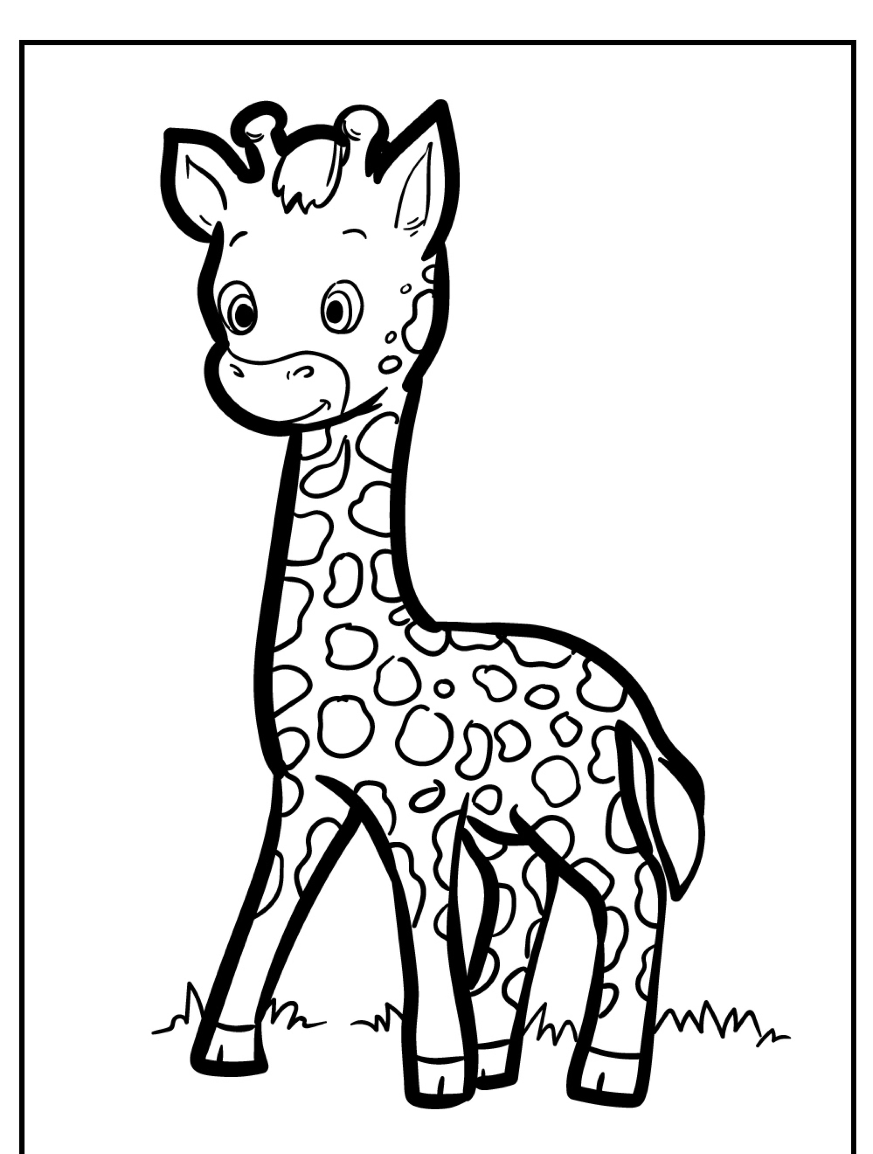 Uma página para colorir com um desenho animado fofo de um bebê girafa em pé na grama com uma borda ao redor da imagem. Ideal para quem procura "Girafa para colorir.