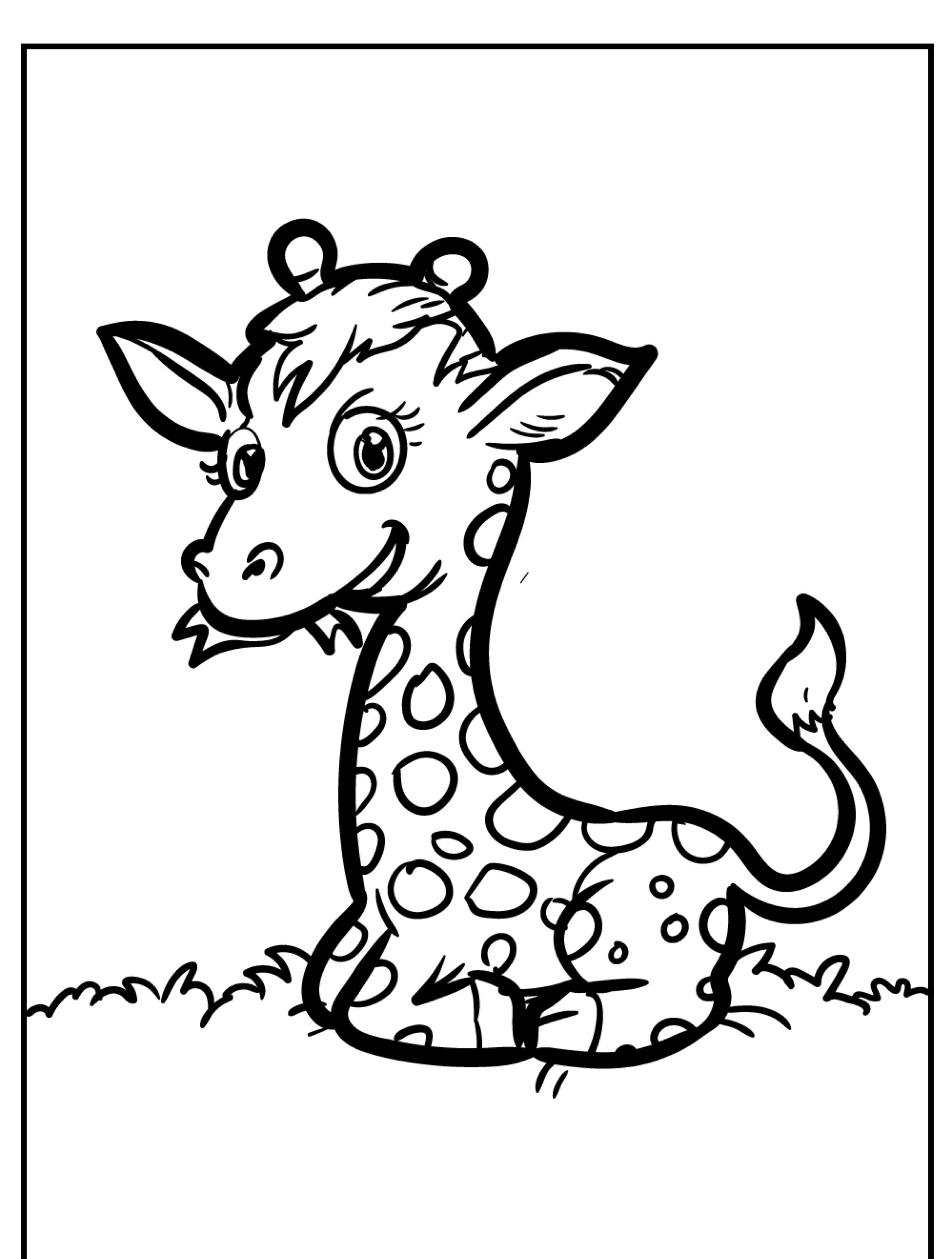 Página para colorir de uma girafa bebê sorridente com manchas, sentada no chão e com uma borda ao redor da imagem. Aproveite este adorável desenho de girafa para uma atividade de colorir divertida!