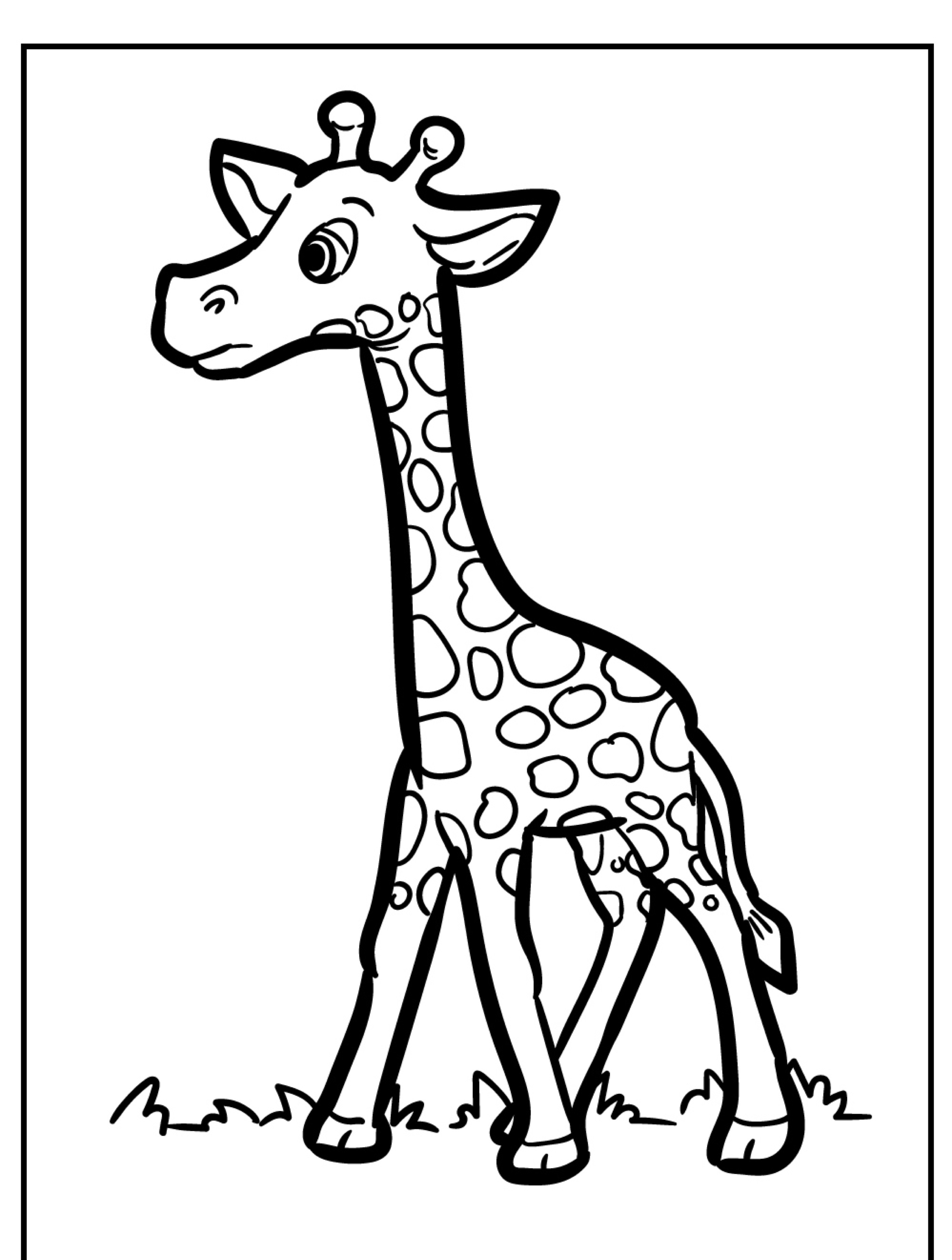 Uma página para colorir com uma girafa de desenho animado (Girafa) andando na grama, perfeita para quem gosta de colorir.