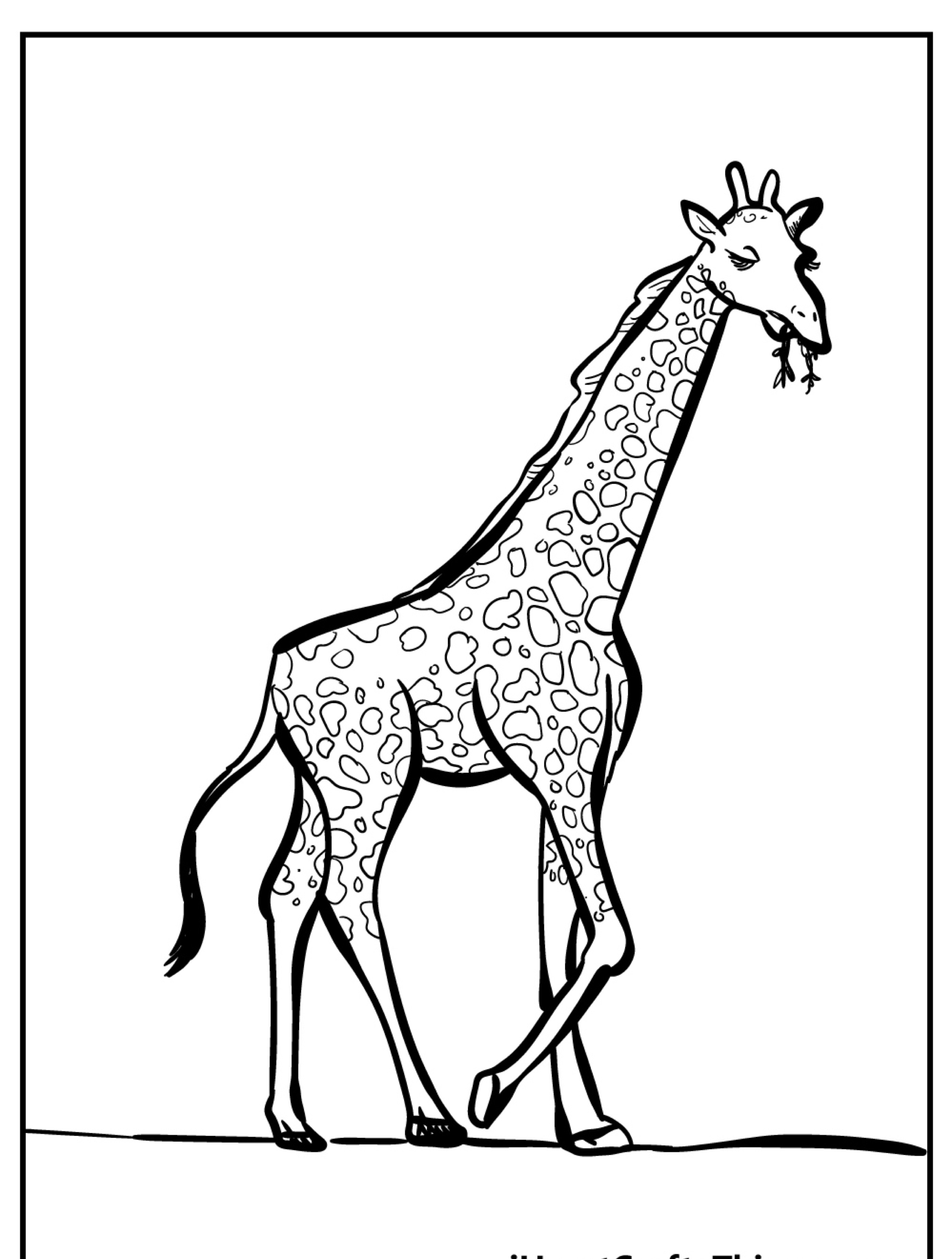 Um desenho em preto e branco de uma girafa andando, com uma pequena planta na boca, perfeito para você colorir.