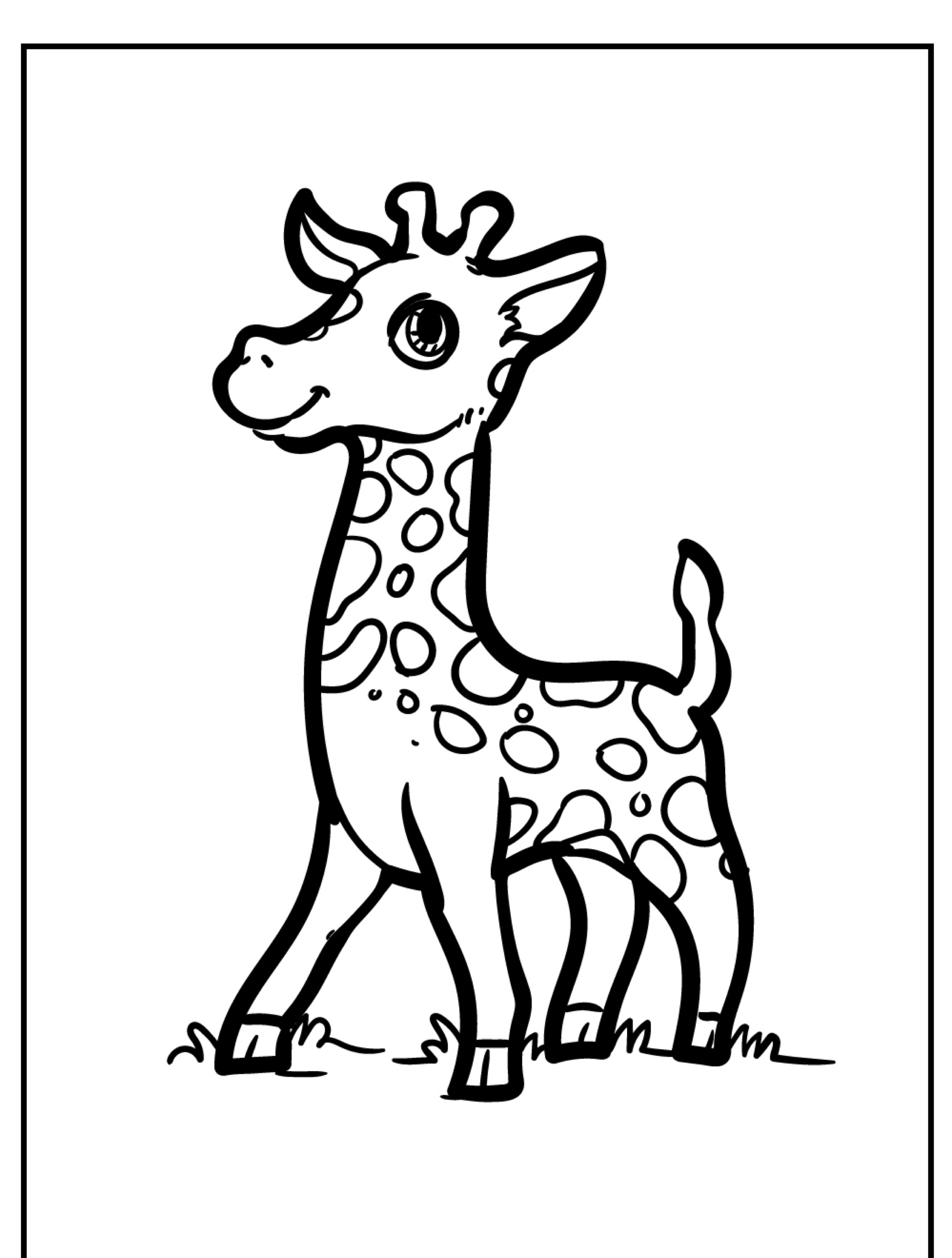 Uma ilustração em preto e branco de uma girafa bebê fofa em pé na grama, perfeita como um Desenho de Girafa para colorir.