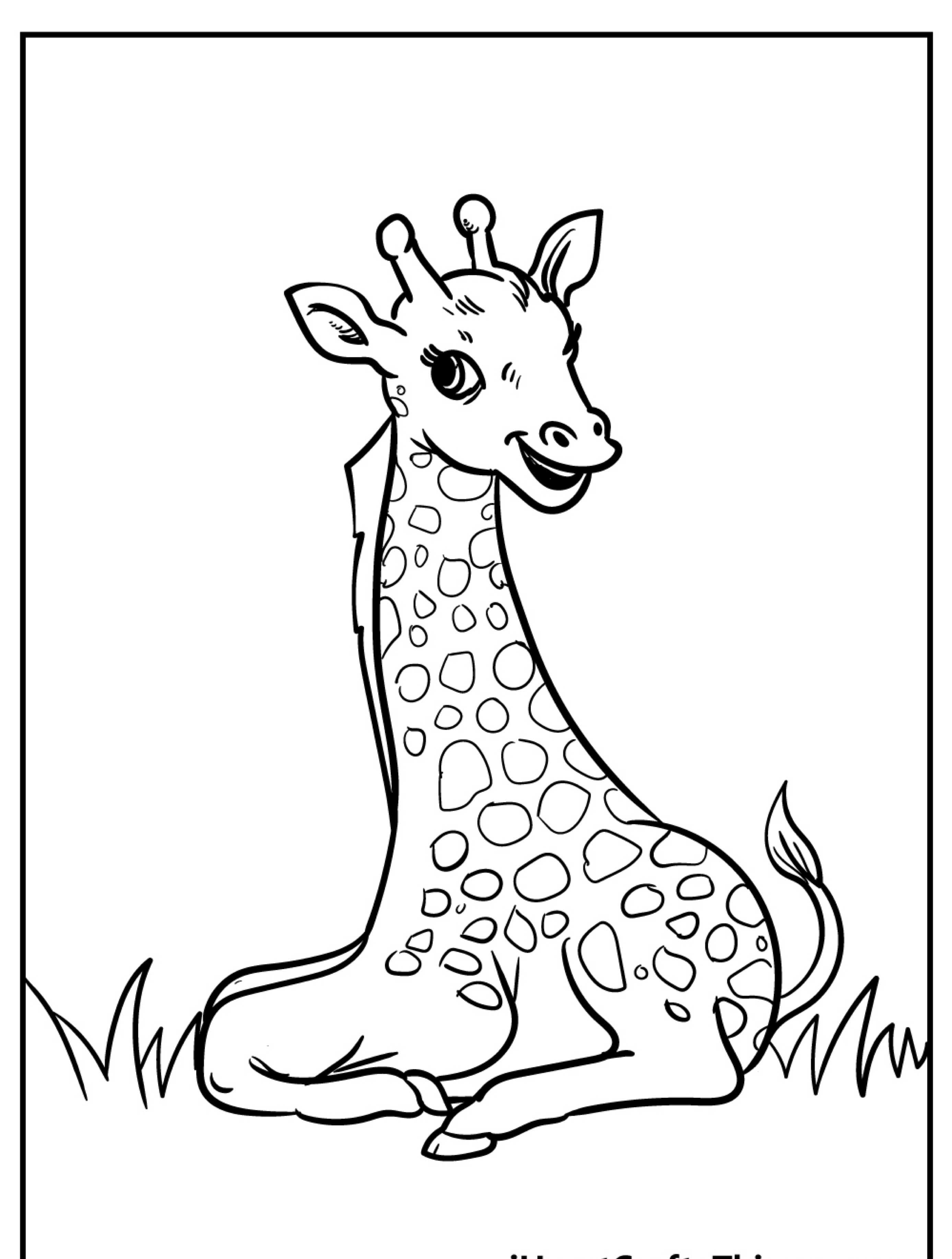 Desenho em preto e branco de uma girafa bebê sentada com um sorriso brincalhão, cercada por grama, perfeita para colorir.