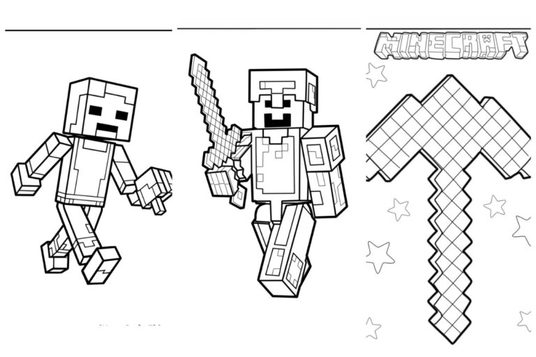 Desenhos do Minecraft com personagens segurando armas e uma grande picareta pixelada com estrelas ao redor em uma página para colorir, perfeita para colorir e imprimir grátis. Para Colorir.