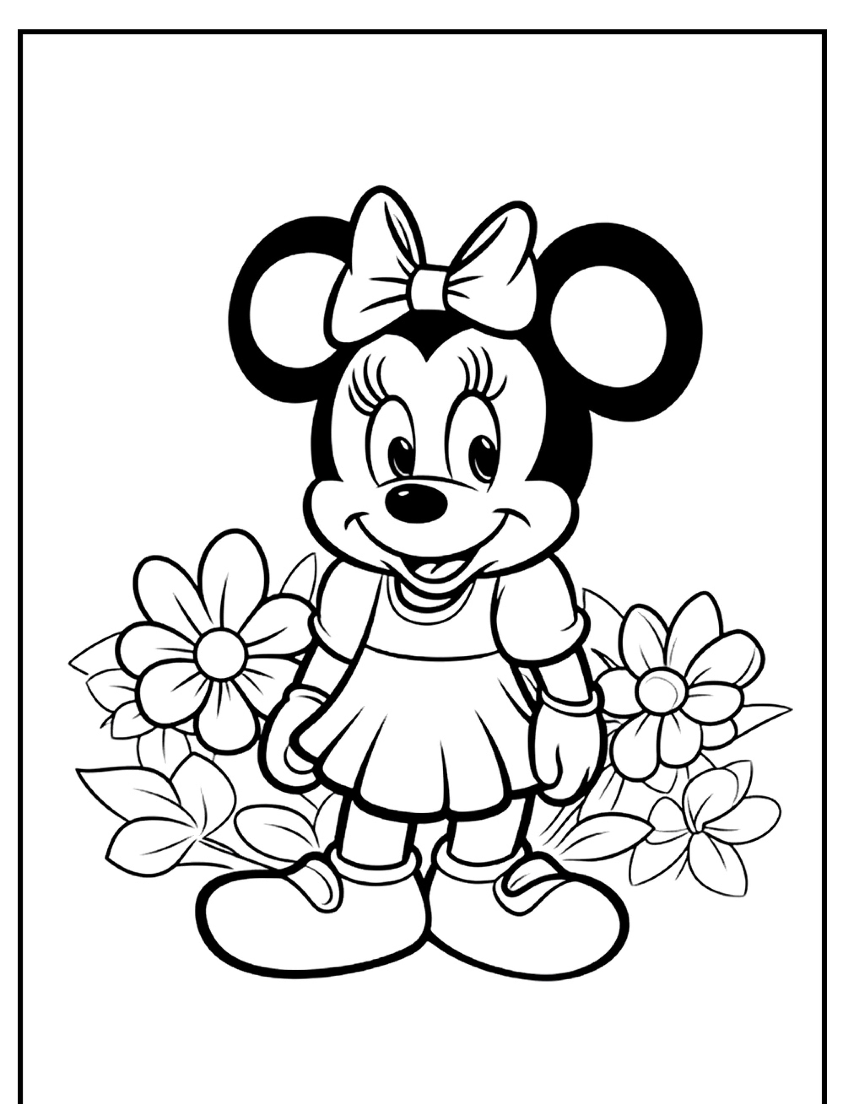 Minnie, a charmosa personagem de desenho animado com um vestido, está sorrindo em frente a grandes flores coloridas enquanto usa um laço na cabeça. Uma cena perfeita para colorir e aproveitar do seu desenho favorito!