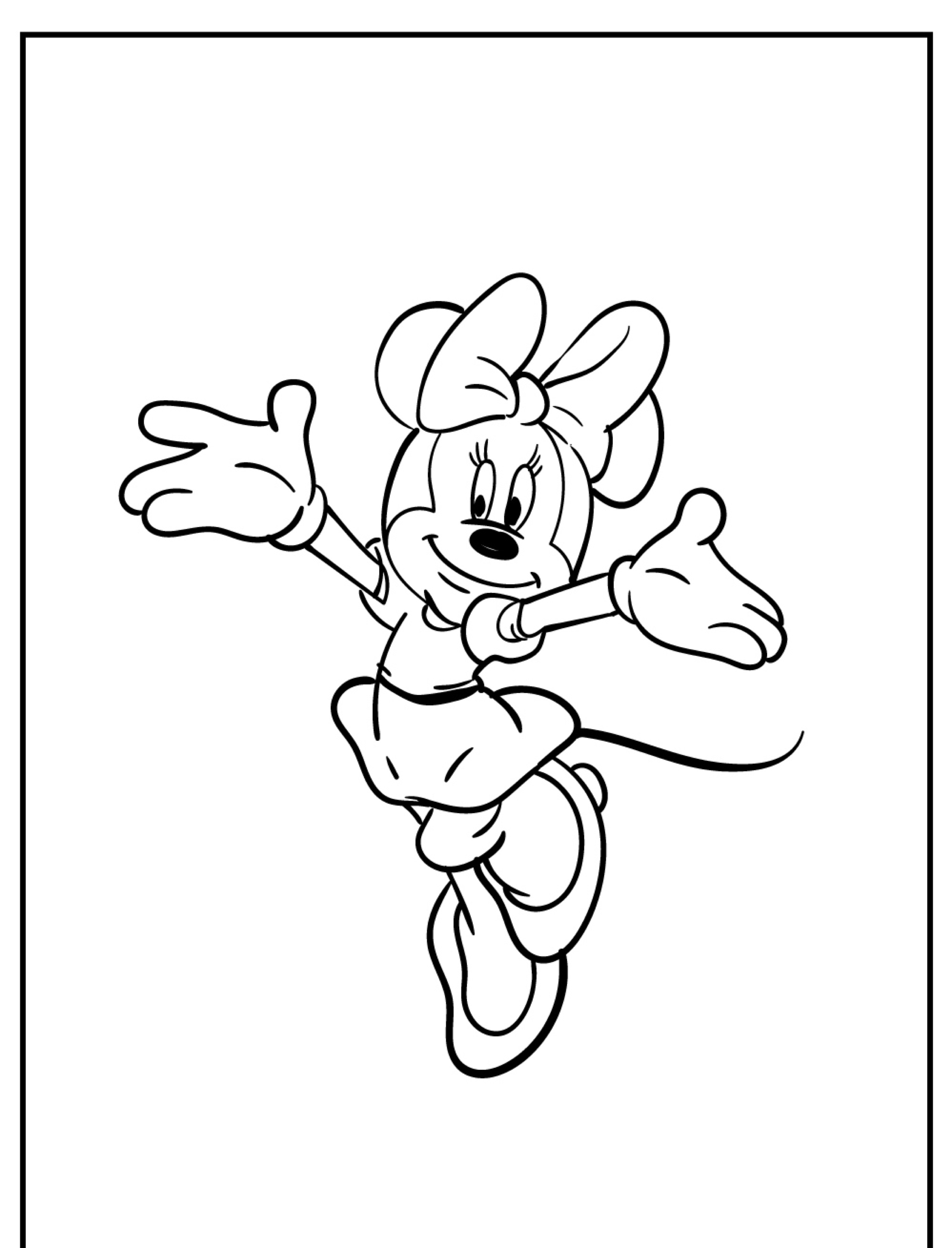 Desenho de linha de um personagem de desenho animado Desenho, que lembra a Minnie, usando um laço e um vestido, pulando alegremente com os braços estendidos. Perfeito para crianças colorirem.