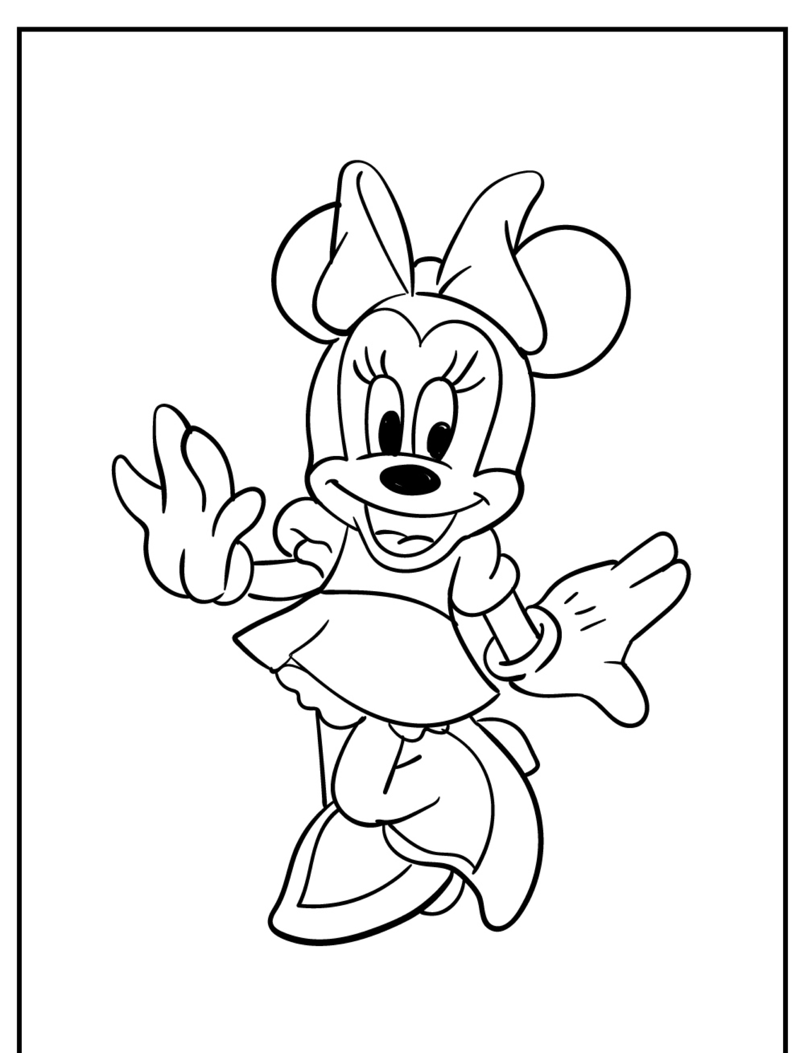 Uma ilustração em preto e branco da Minnie Mouse usando um vestido e um laço, acenando e sorrindo, perfeita para um desenho para colorir.