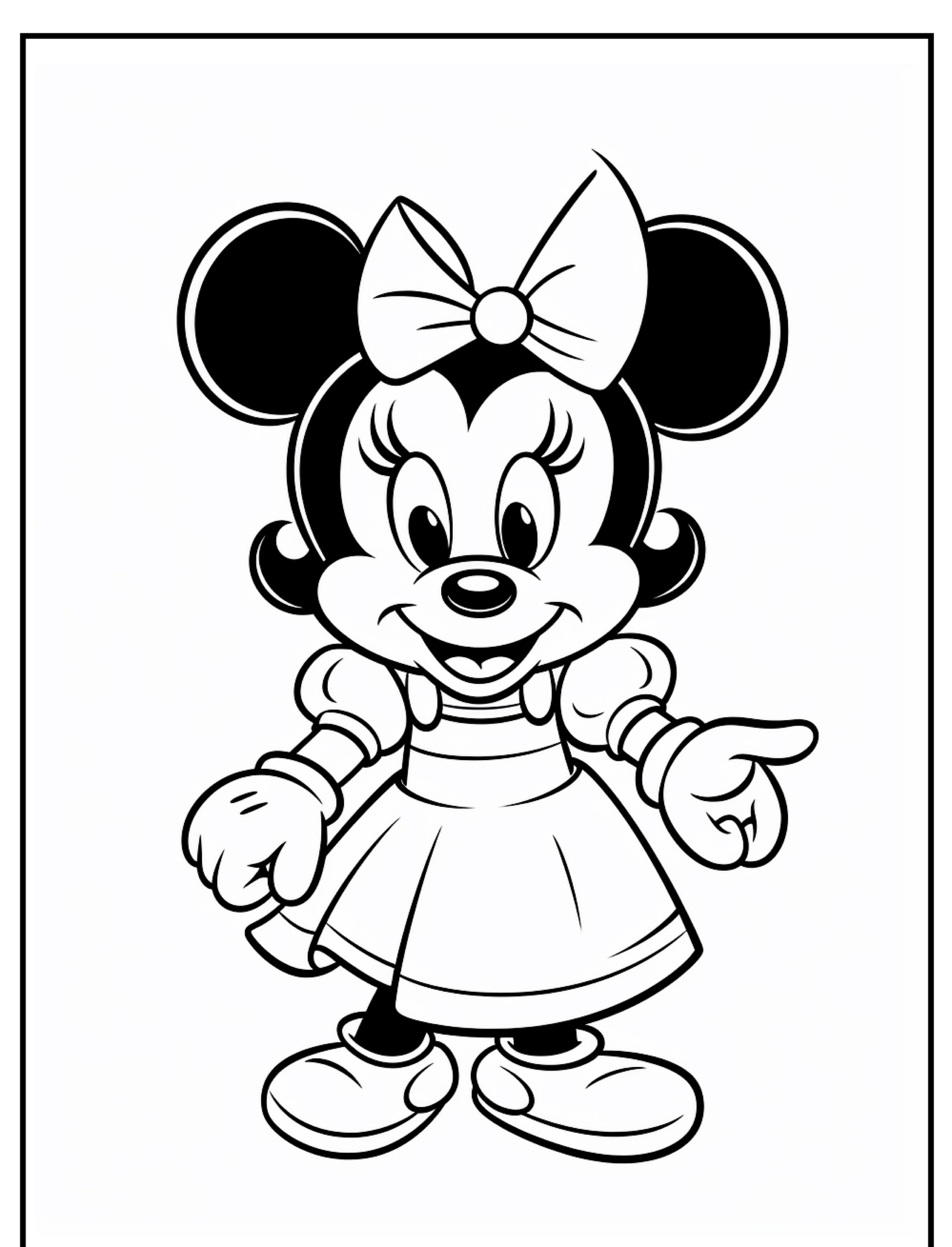 Um personagem de desenho animado com um rato, um vestido e sapatos, apontando para a frente com uma mão. Ideal para quem procura atividades de Minnie para colorir.