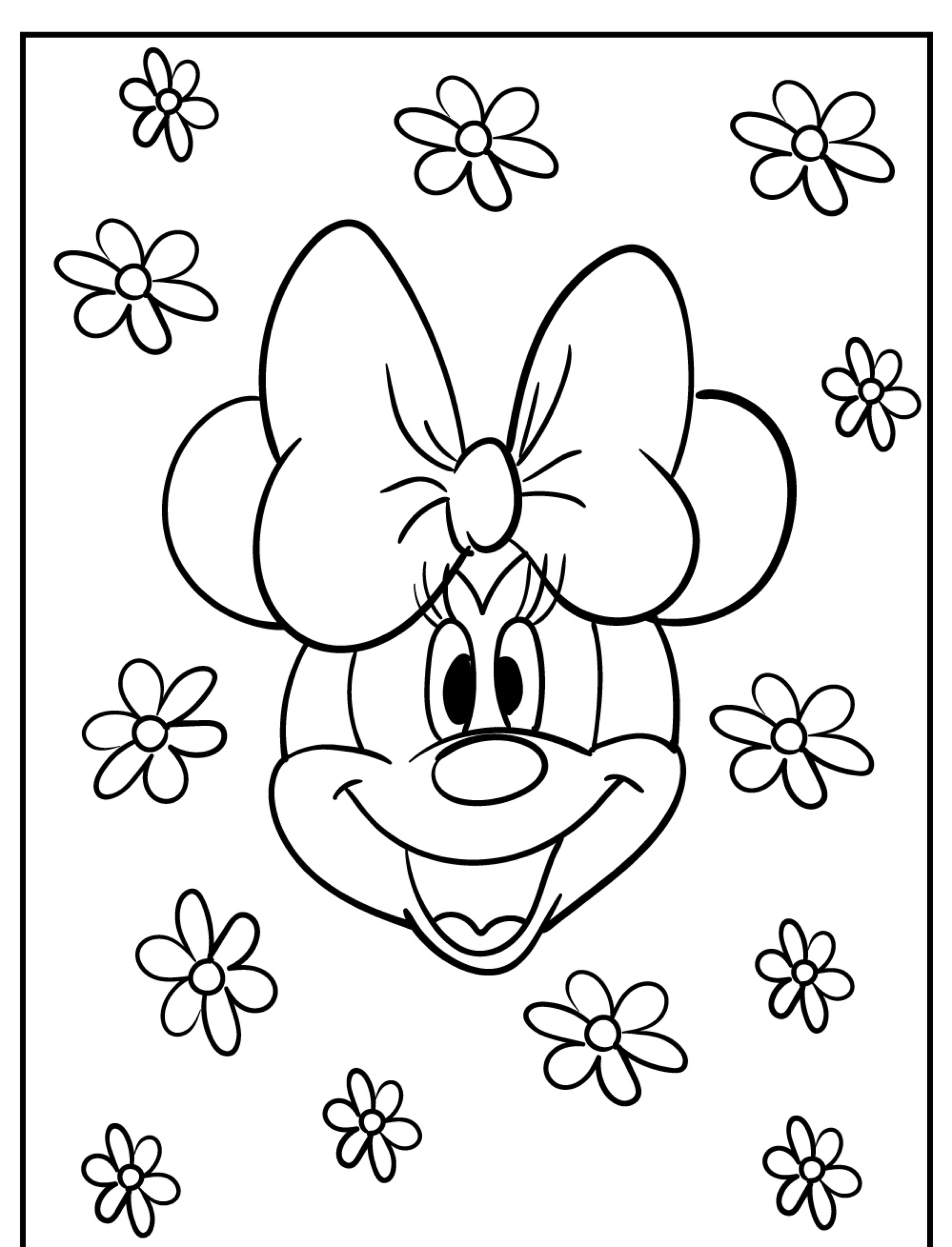 Desenho de personagem de desenho animado sorridente com um grande laço cercado por flores em uma página para colorir que lembra a Minnie.