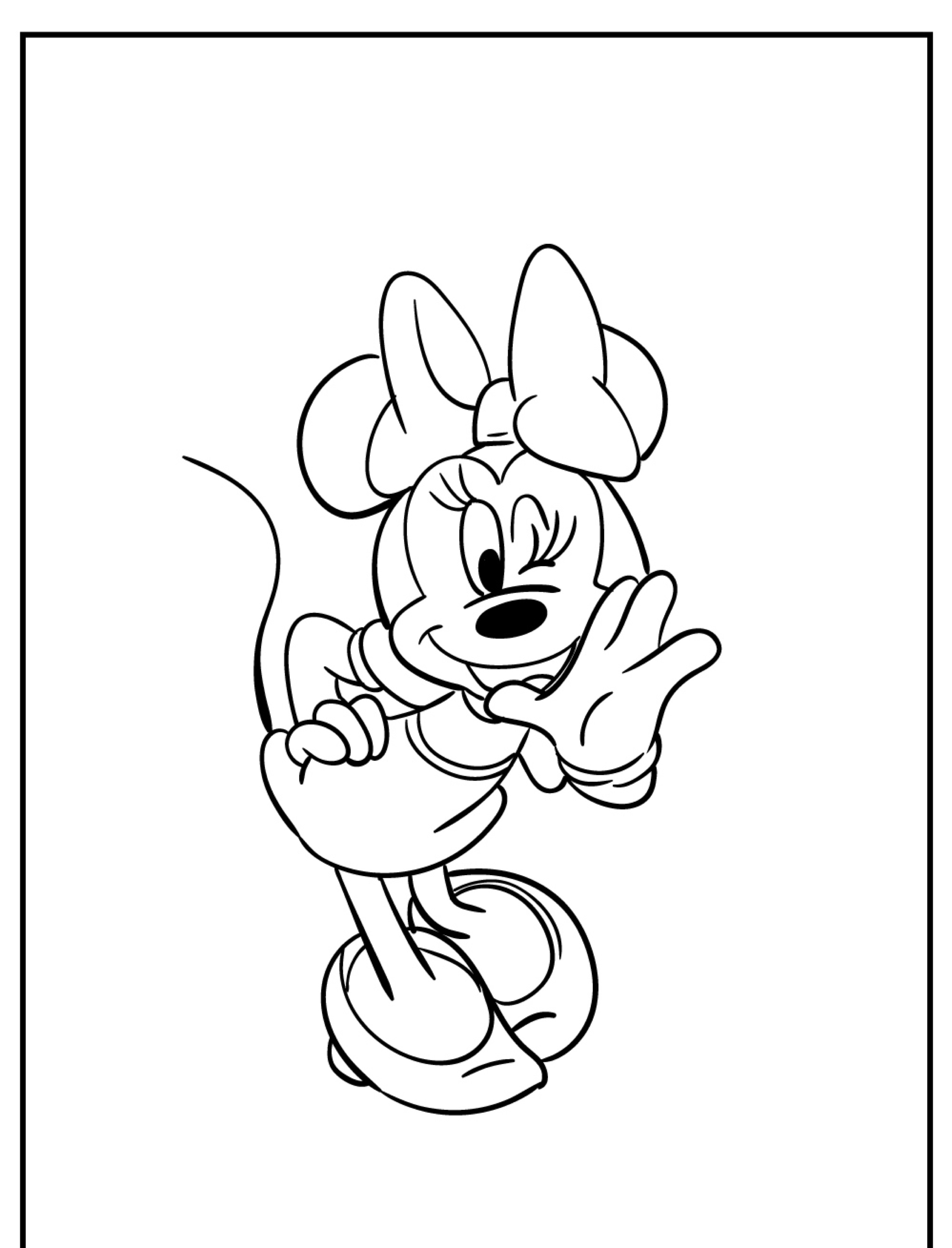 Um desenho em preto e branco da Minnie Mouse sorrindo e acenando com a mão esquerda, perfeito para colorir.