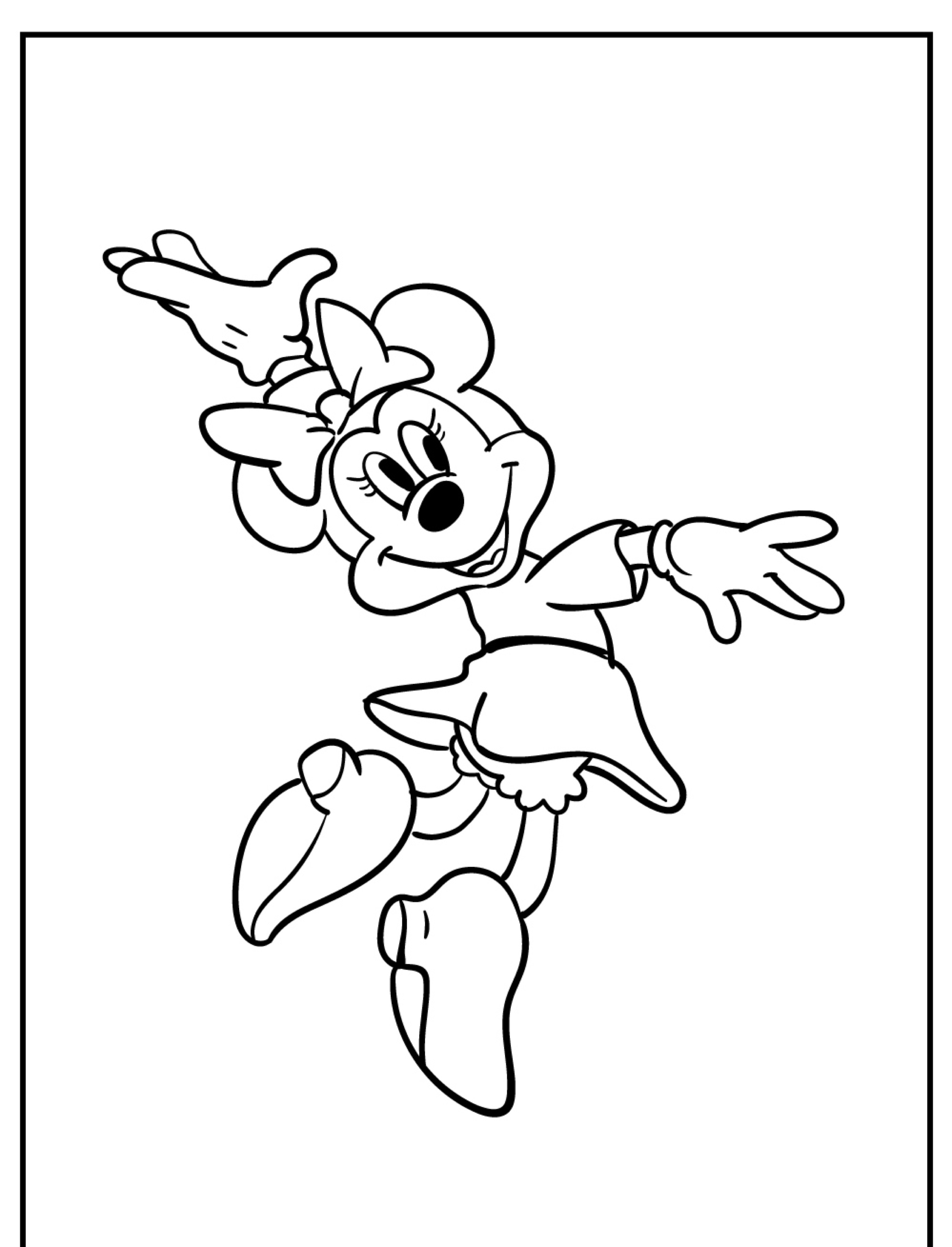 Um personagem de desenho animado alegre, um rato, parecido com a Minnie, em um vestido, laço e sapatos, fazendo uma pose alegre com um braço para cima. Perfeito para desenho ou colorir!