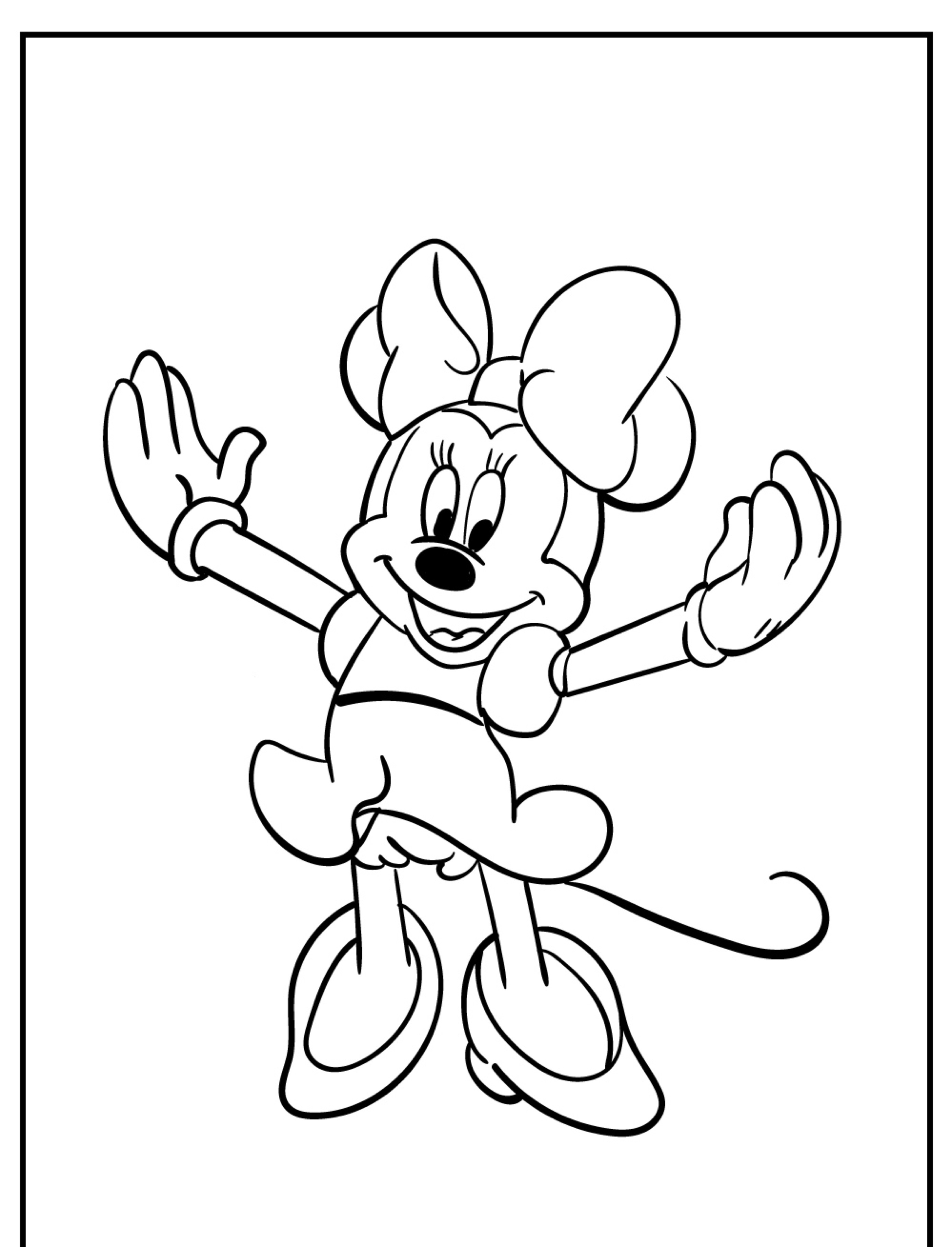 Um ratinho de desenho animado feliz, que lembra a Minnie para colorir, usando um laço e um vestido, com os braços levantados e uma perna levantada, como se estivesse dançando ou pulando.