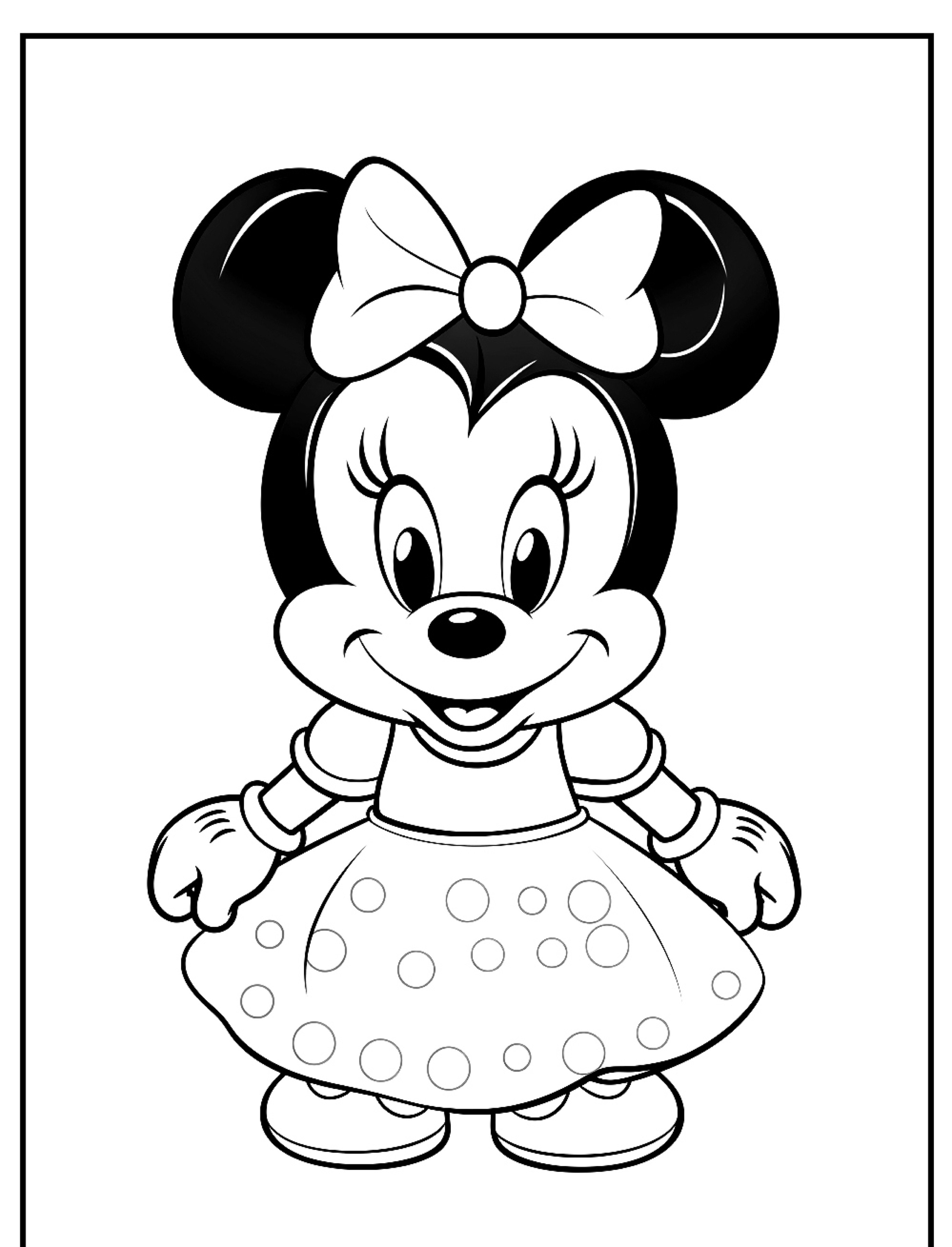 Minnie com um vestido de laço e bolinhas, de pé e sorrindo — perfeita como desenho para colorir.