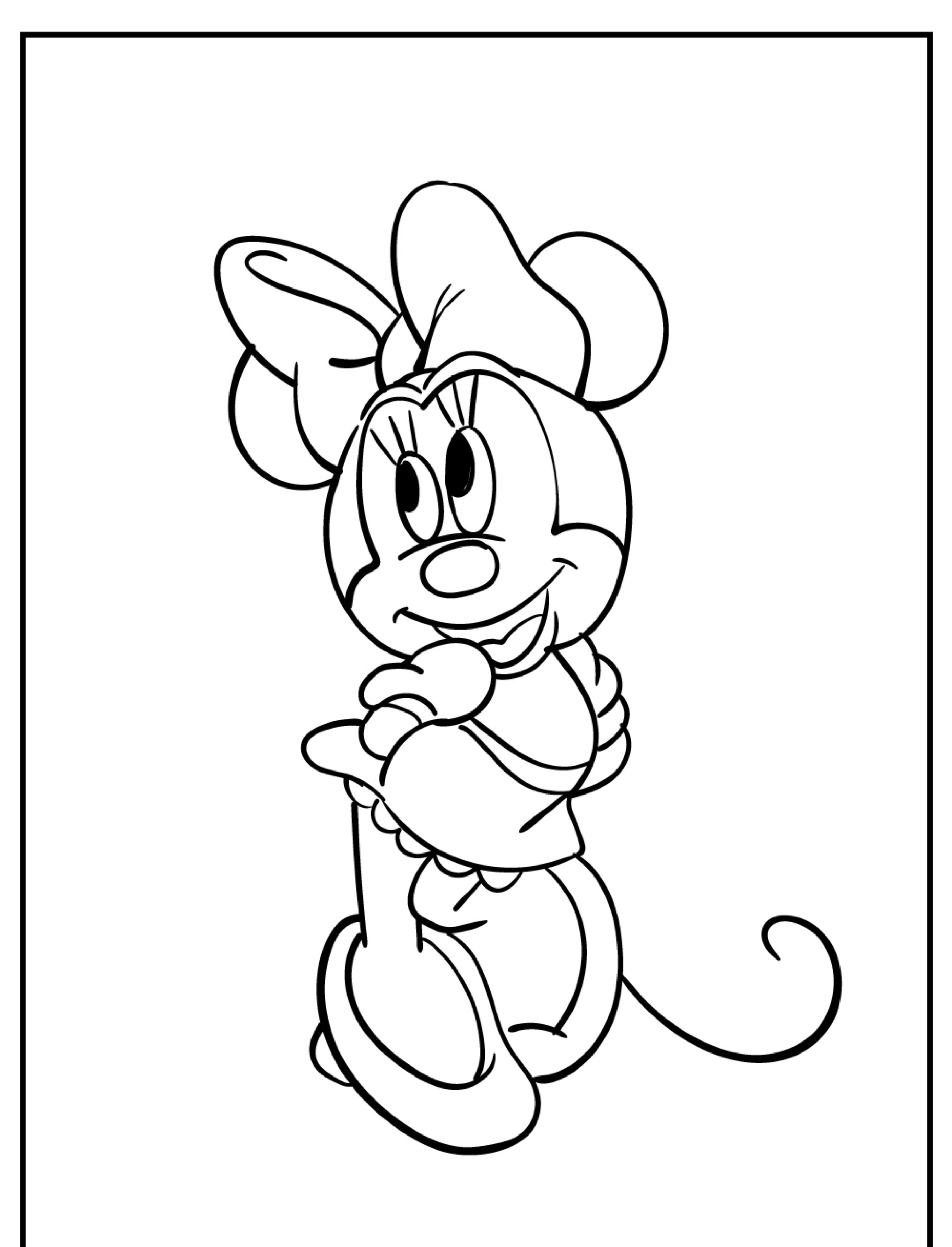 Desenho para colorir de um personagem animado de rato, parecido com a Minnie, com um laço na cabeça, usando um vestido e sapatos, sorrindo e segurando os braços. Perfeito para quem ama colorir desenho!