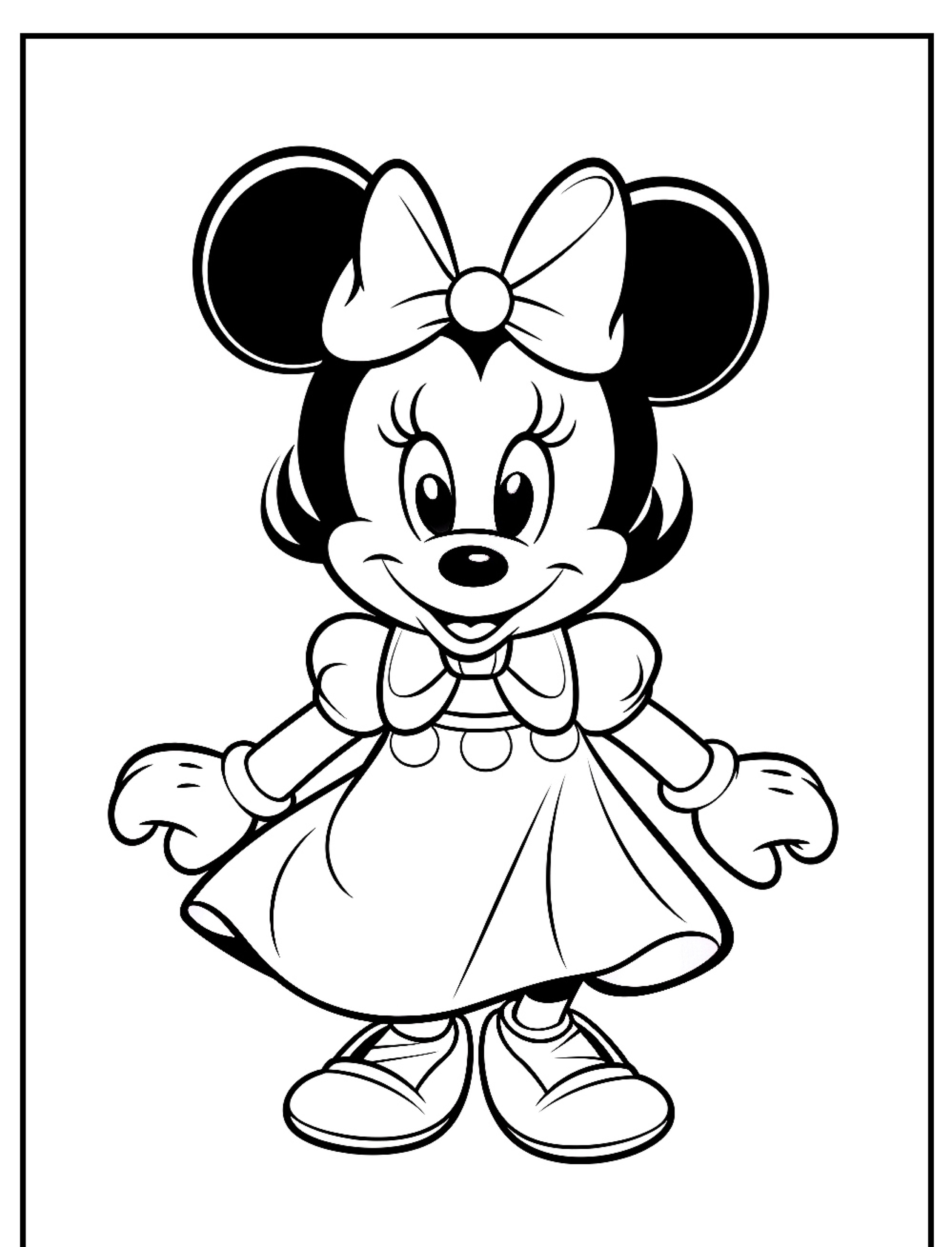 Um desenho em preto e branco da Minnie Mouse em sua roupa clássica, incluindo laço, vestido, luvas e sapatos; perfeito para colorir.