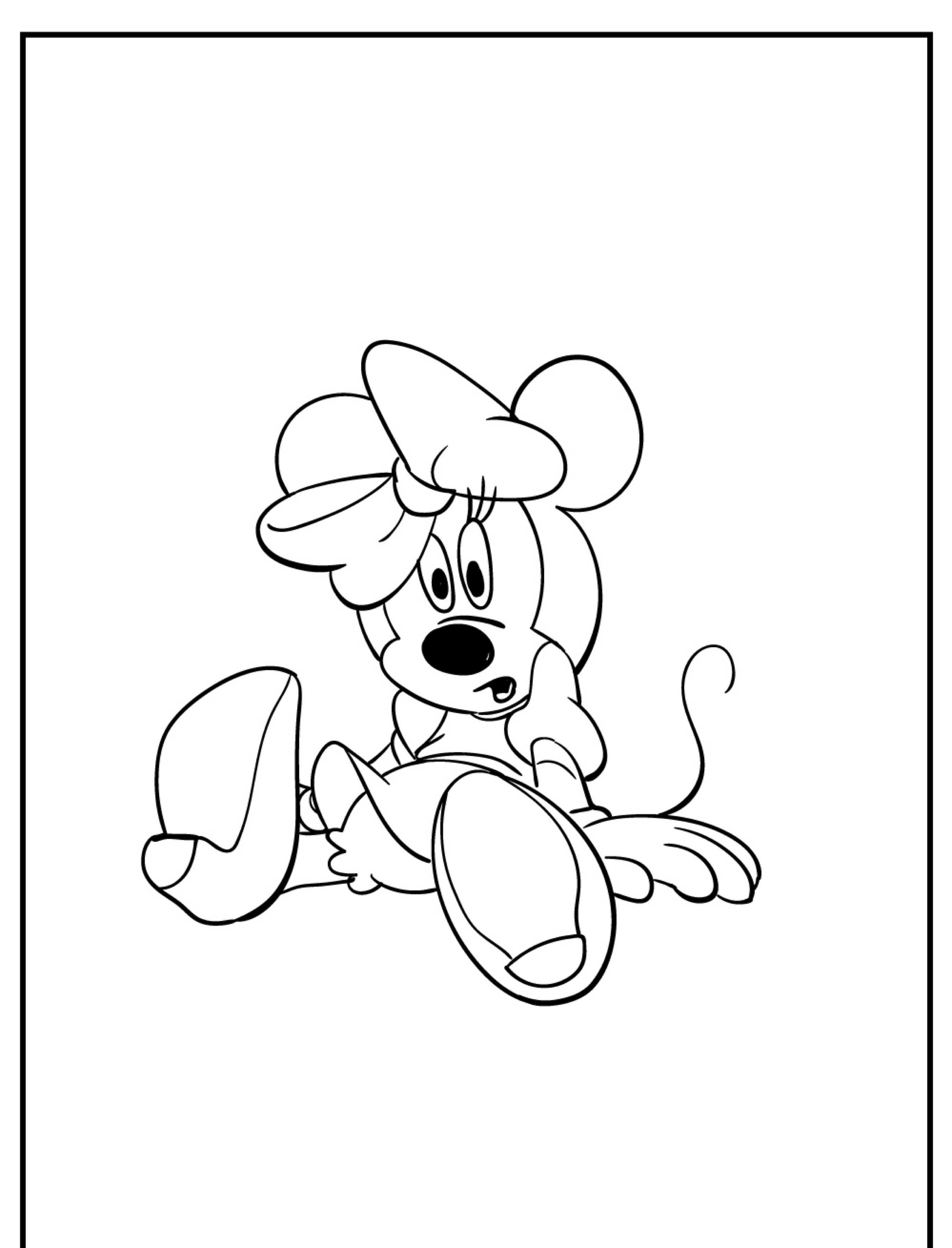 Um desenho de uma personagem animada, uma ratinha, que lembra a Minnie, usando um laço e sentada com uma perna estendida, perfeita para colorir.