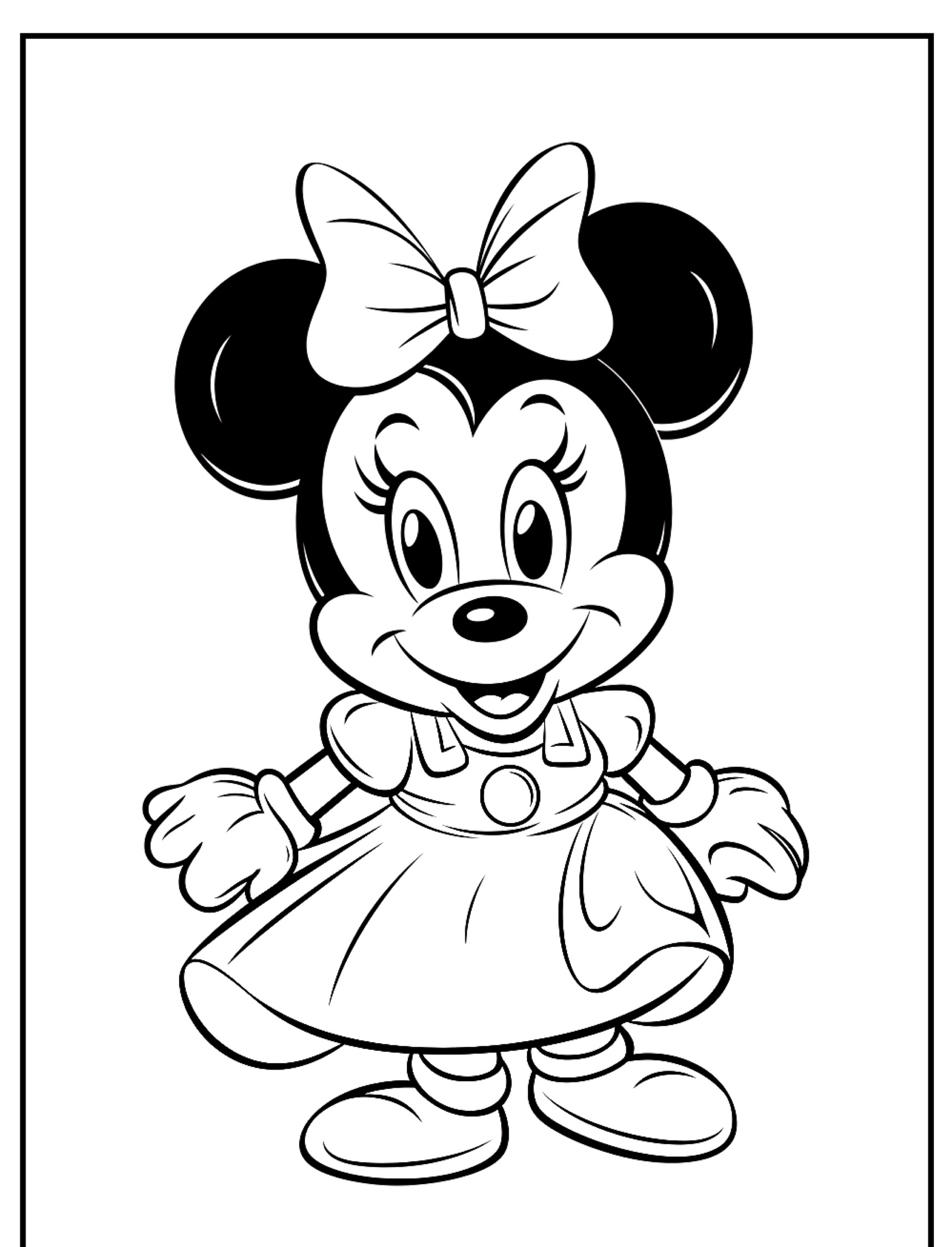 Desenho em preto e branco de um personagem animado com orelhas de rato, um arco, luvas e um vestido, sorrindo e em pé. Perfeito para quem quer colorir esta figura clássica inspirada na Minnie.