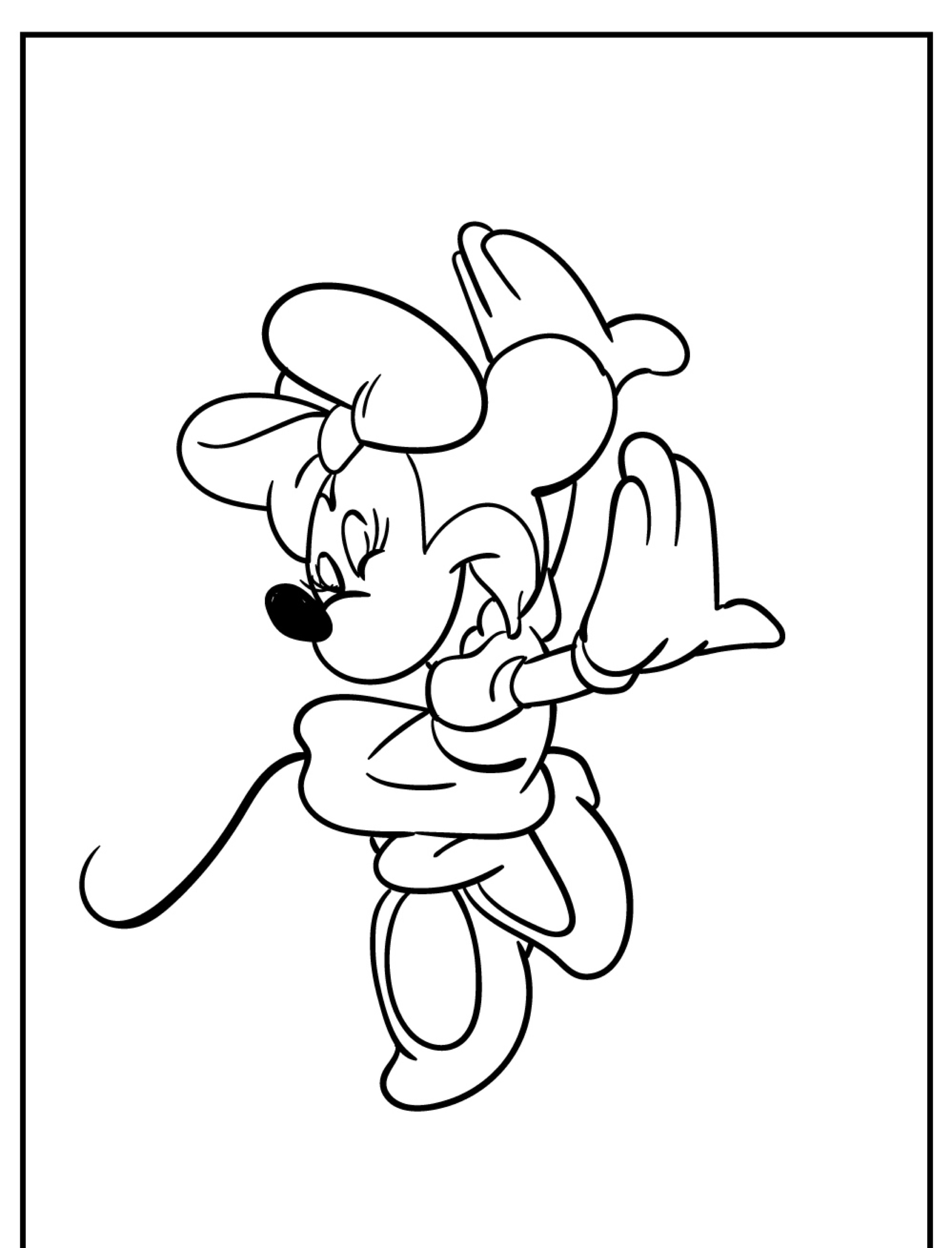 Desenho esboçado da personagem clássica de desenho animado Minnie, completo com um arco, luvas e saltos, em uma pose de dança. Perfeito para colorir e desfrutar desse encantador desenho.