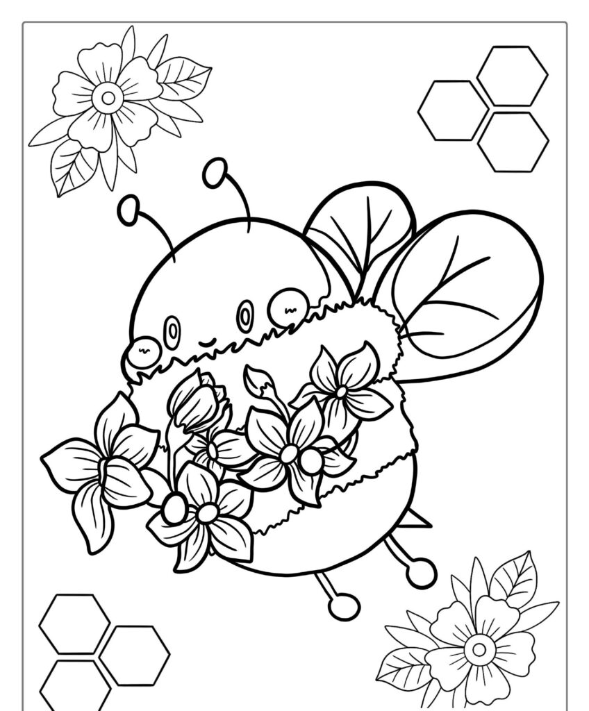 Uma Abelha fofa segurando flores, cercada por flores adicionais e formas de colmeia em um desenho para colorir.