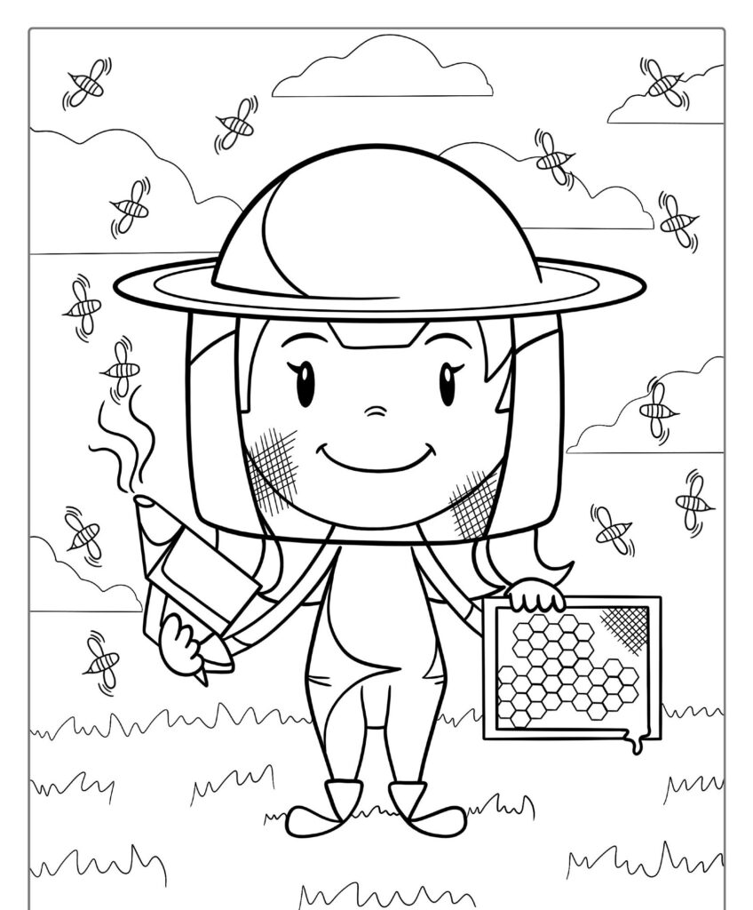 Desenho de um apicultor sorridente segurando um fumigador e uma estrutura com favos de mel, cercado por abelhas voadoras, perfeito para colorir.