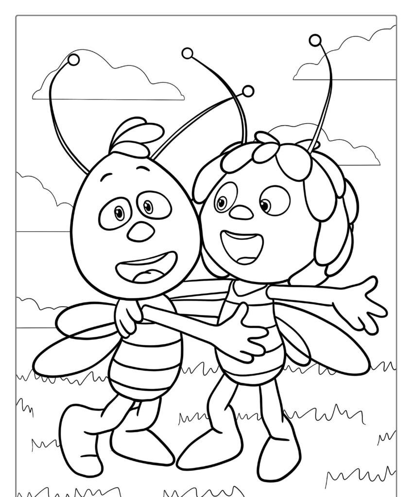 Duas abelhas de desenho animado com antenas e asas estão sorrindo e se abraçando em um campo gramado com nuvens no céu, parecendo uma cena saída diretamente de um desenho para colorir.